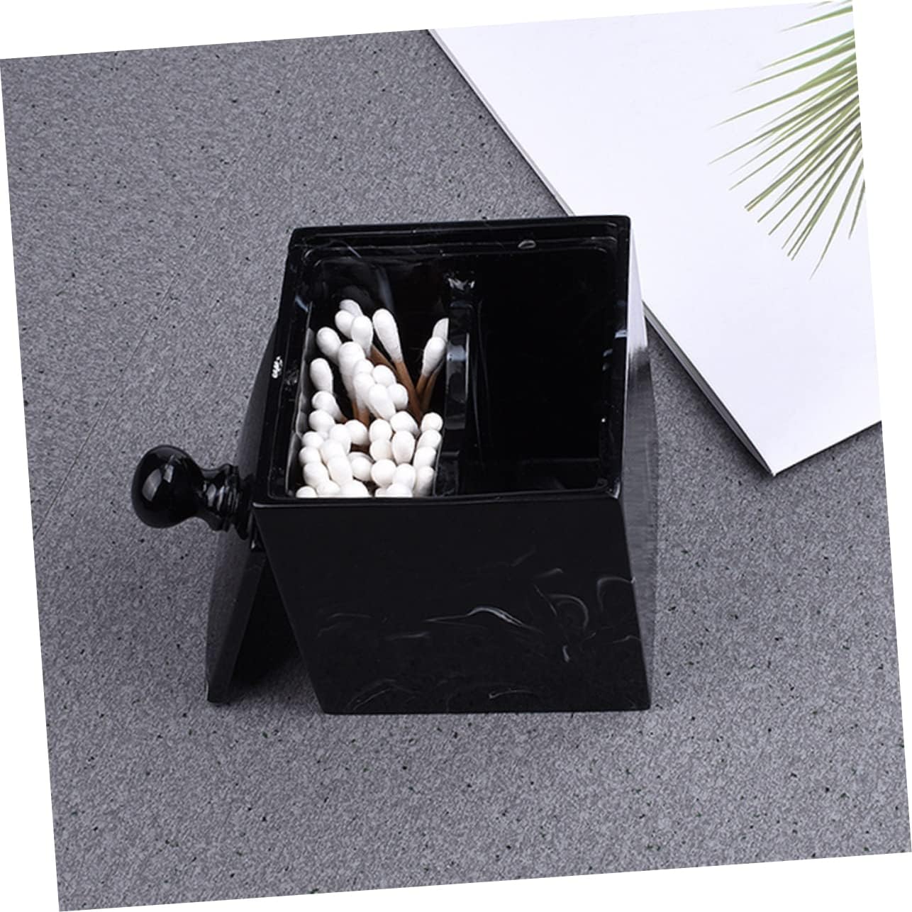 Unomor 2pcs Double Grids Cotton Swab Holder Marble Grain Design Space-saving Organizer for Makeup Pads and Cotton Balls Stylish Resin Storage Case for Bathroom and Vanity