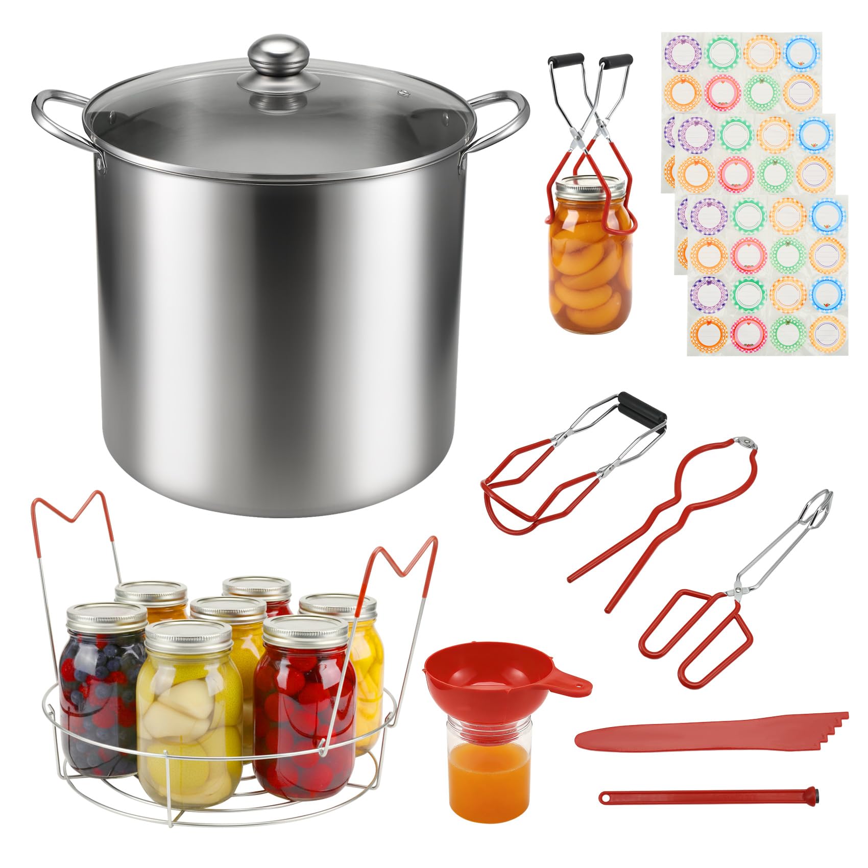 Povxlum 21.5QT Stainless Steel Canning Pot with Lid Water Bath Canning Pot with Rack and Lid Canning Supplies Kit and 7 Pieces Canning Tools Set, Water Bath Canner for Beginner