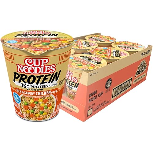 Nissin Cup Noodles Protein Ramen, Chicken Flavor with Bone Broth, 16g Protein, 2.54 Ounce Cup (Pack of 6)