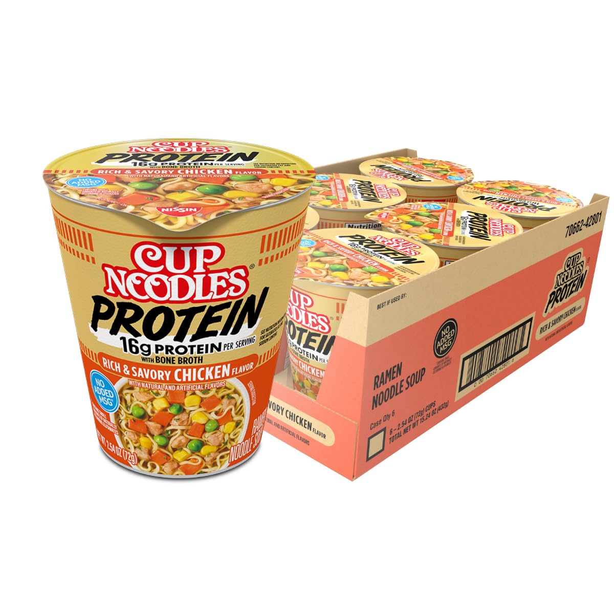 Nissin Cup Noodles Protein Ramen Chicken Flavor with Bone Broth 16g Protein 2 54 Ounce Cup Pack of