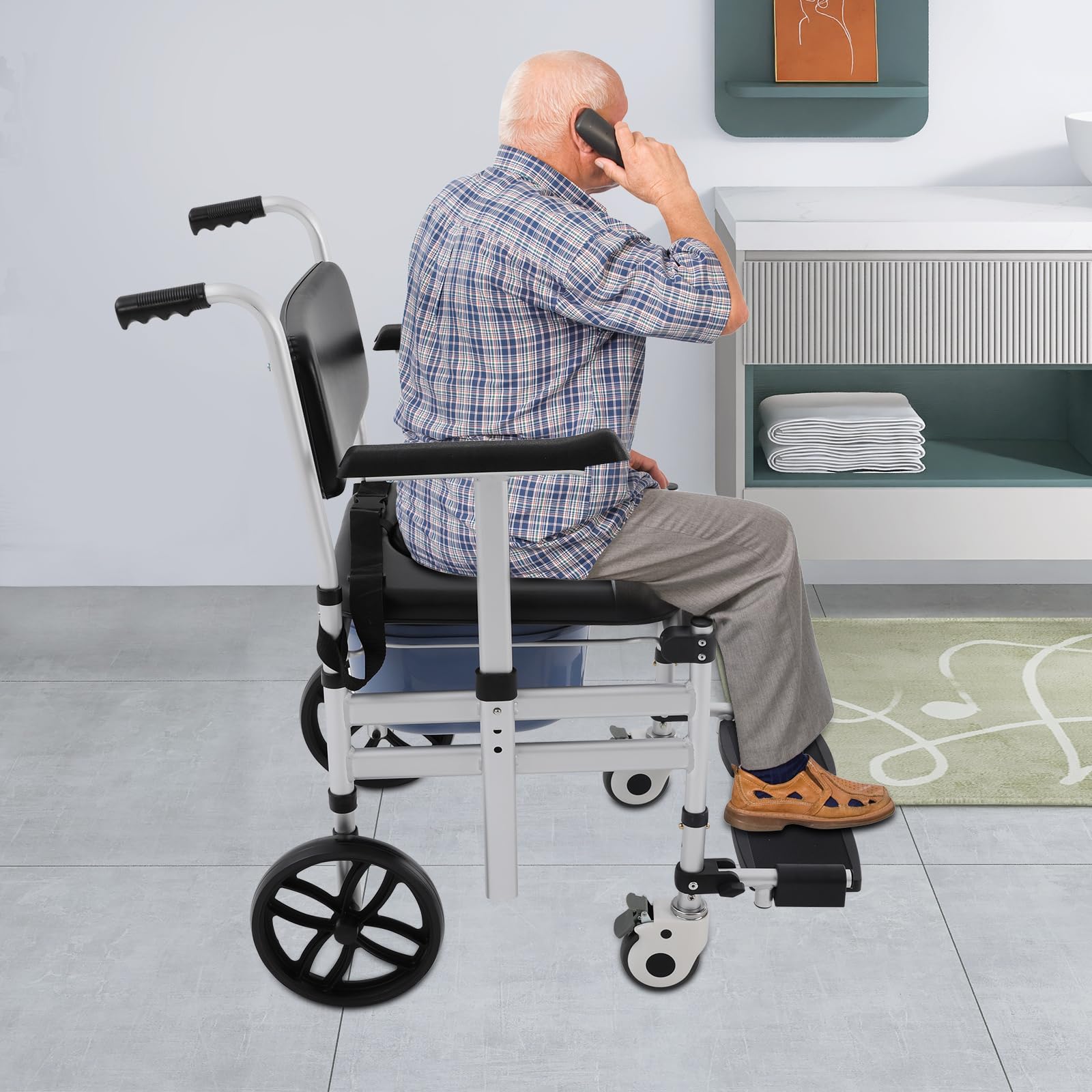 Sedia WC indipendente in alluminio con ruote, portata fino a 150 kg, altezza regolabile 46-51 cm, sedia a rotelle per il bagno, sedia a rotelle per anziani e disabili