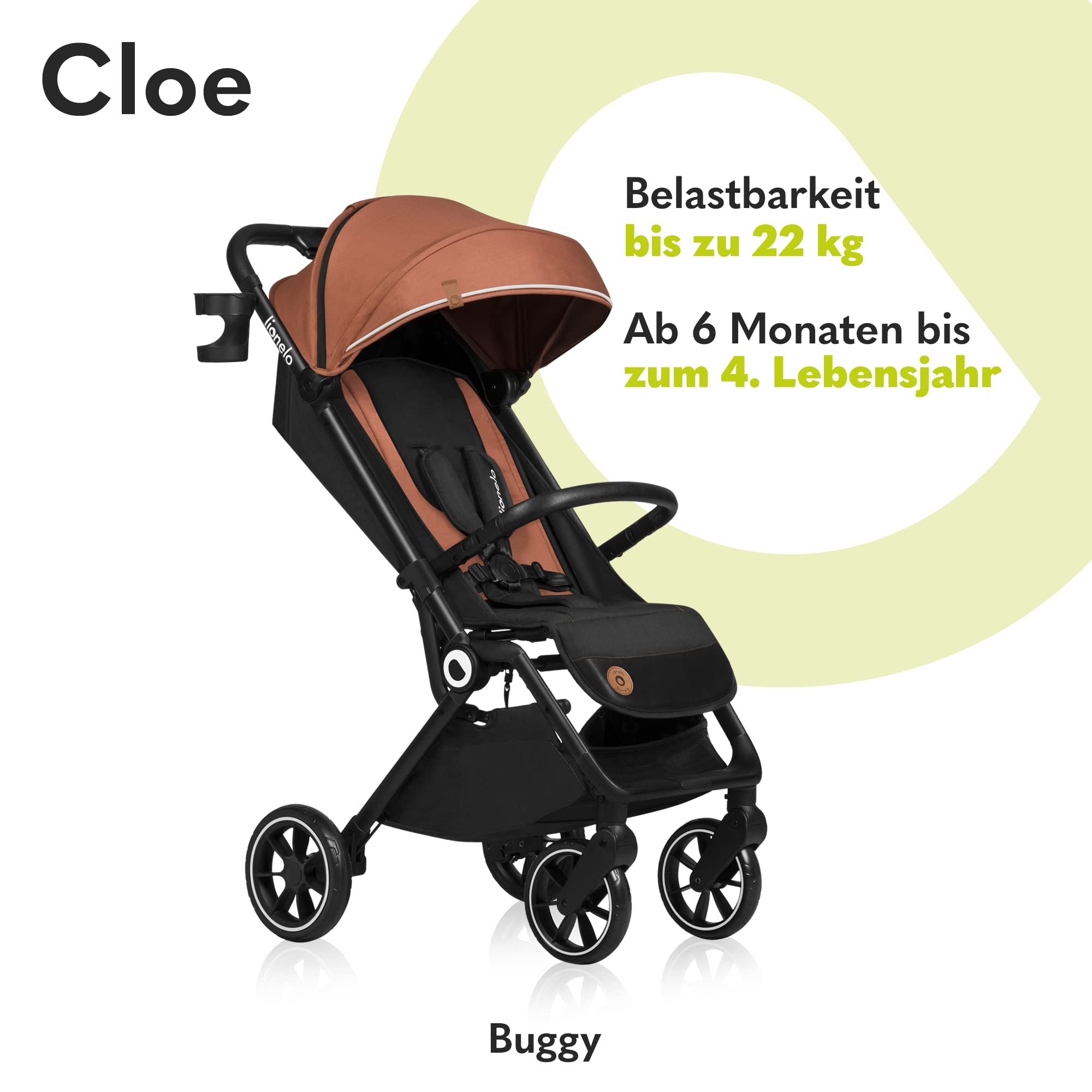 LIONELO Cloe Zusammenklappbarer Kinderwagen bis zu 22 kg, Verstellbare Rückenlehne Schlaffunktion, 5-Punkt-Gurt Große Schwenkräder Moskitonetz Becherhalter Leichtgewicht Kompakt Wasserdicht (Braun)