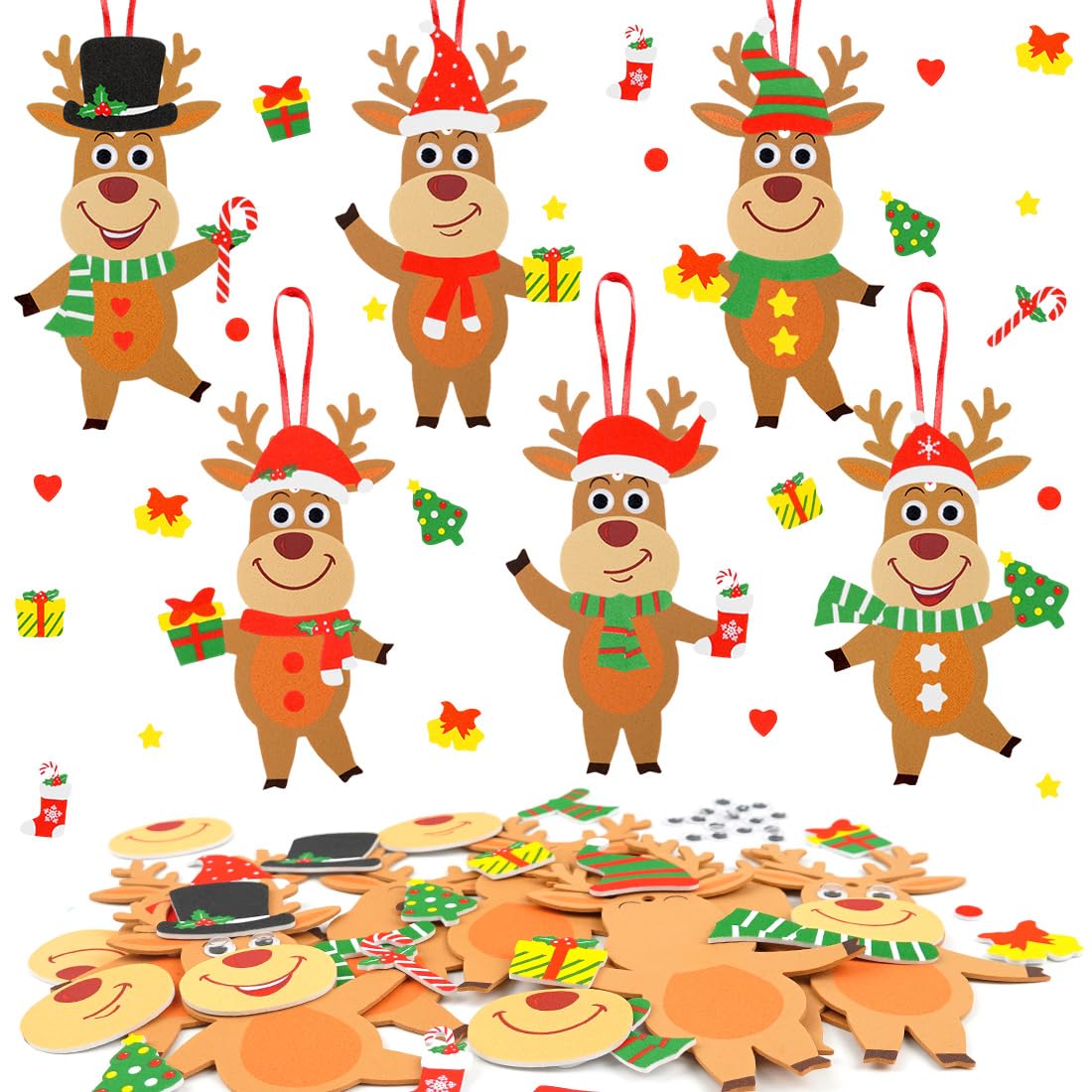 Kits de Manualidades Navidad para Niños, 12 Piezas Colgantes de Navidad Reno, DIY Decoracion Navidad Arbol Personalizado, Pegatina de Espuma Navidad Niños para Adornos Creativas Colgantes