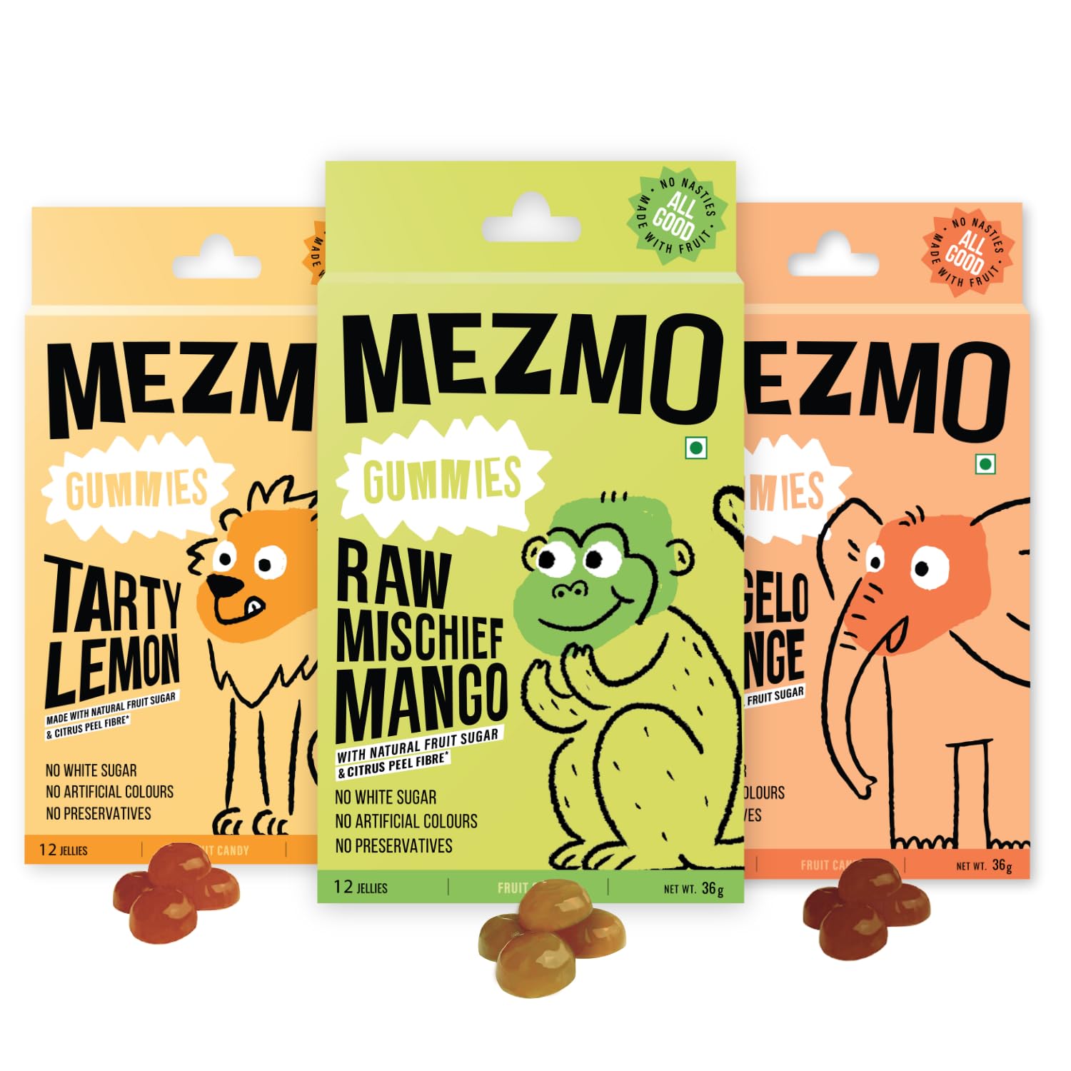 MEZMO soft jelly healthy n yummy candy with natural fruit sugar 144gms 36 jellies (Pack of 3) - Raw Mango,Tarty Lemon,Tangelo Orange