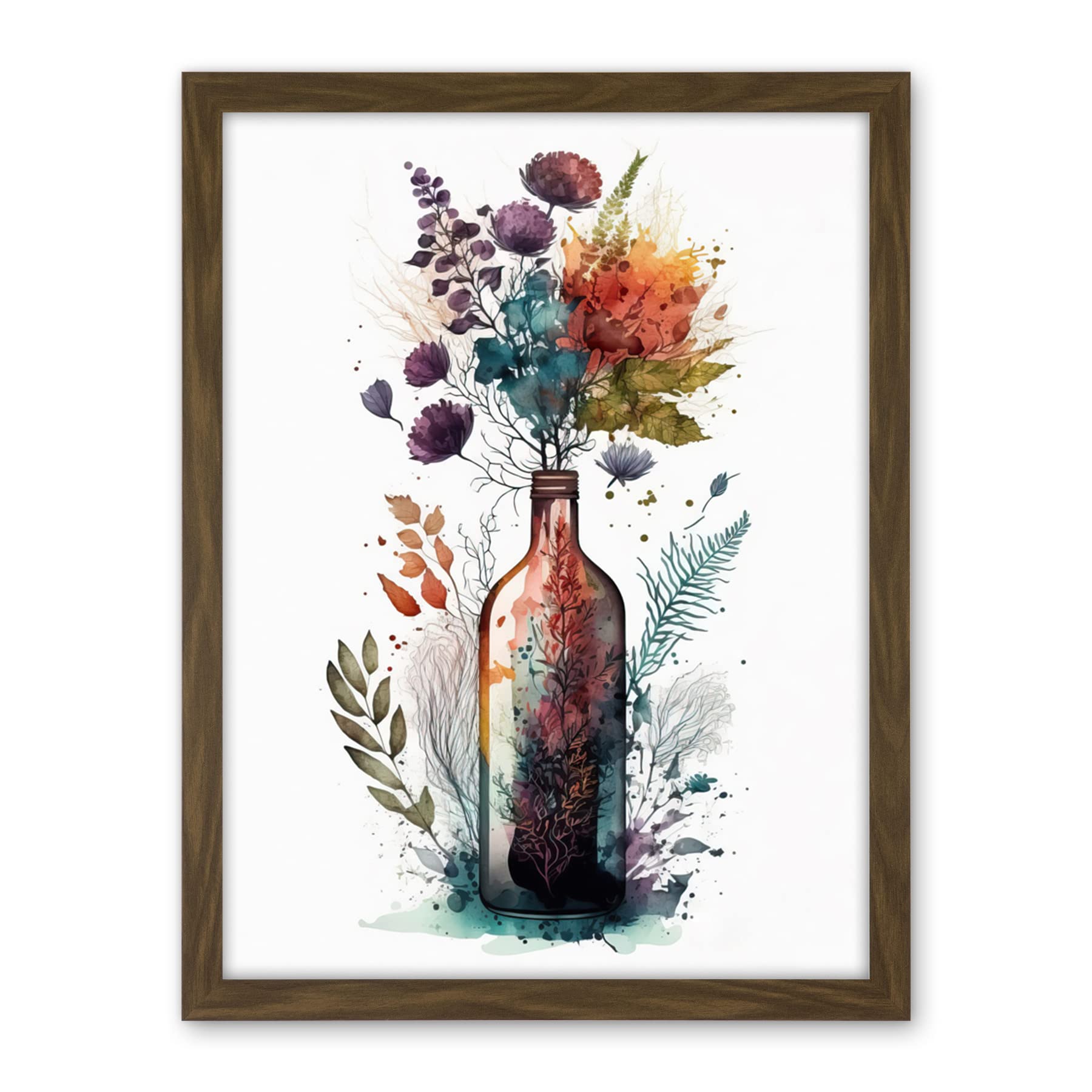 Artery8 Wine Bottle with Wildflower Floral Spring Bouquet Artwork Framed Wall Art Print 18X24 Inch