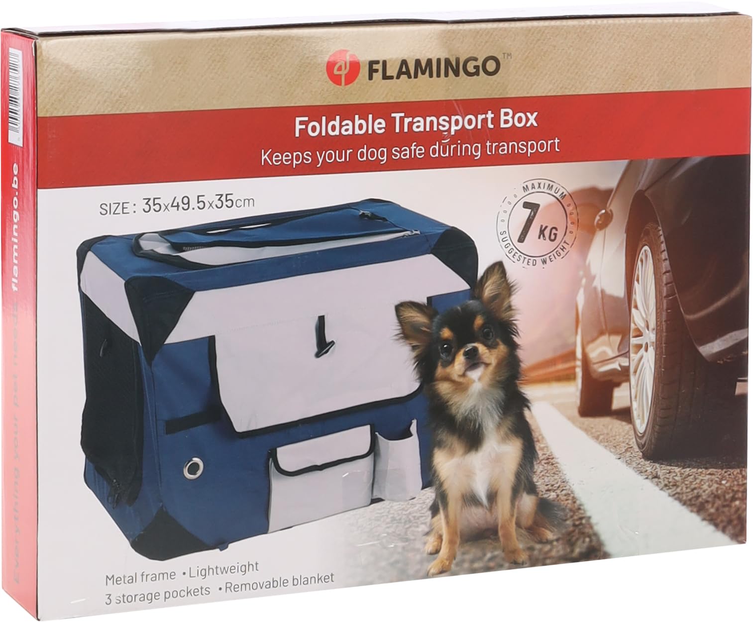 Flamingo Transportkäfig Geronimo blau 35x49,5x35cm - Verstärkter und Faltbarer Rahmen - Herausnehmbarer Boden - Aufrollbare Vorhänge, 3 Staufächer und mit Möglichkeit für eine Trinkflasche