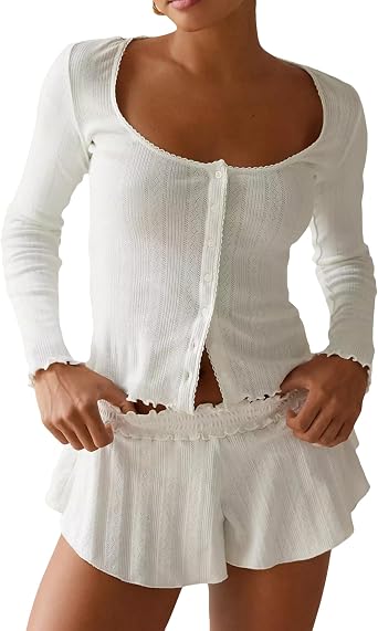 Women 2 Piece Ribbed Knit Pajama Set Long Sleeve Button Crop Top with Shorts Lounge Set 2pcs Pj Set Outfits Sleepwear