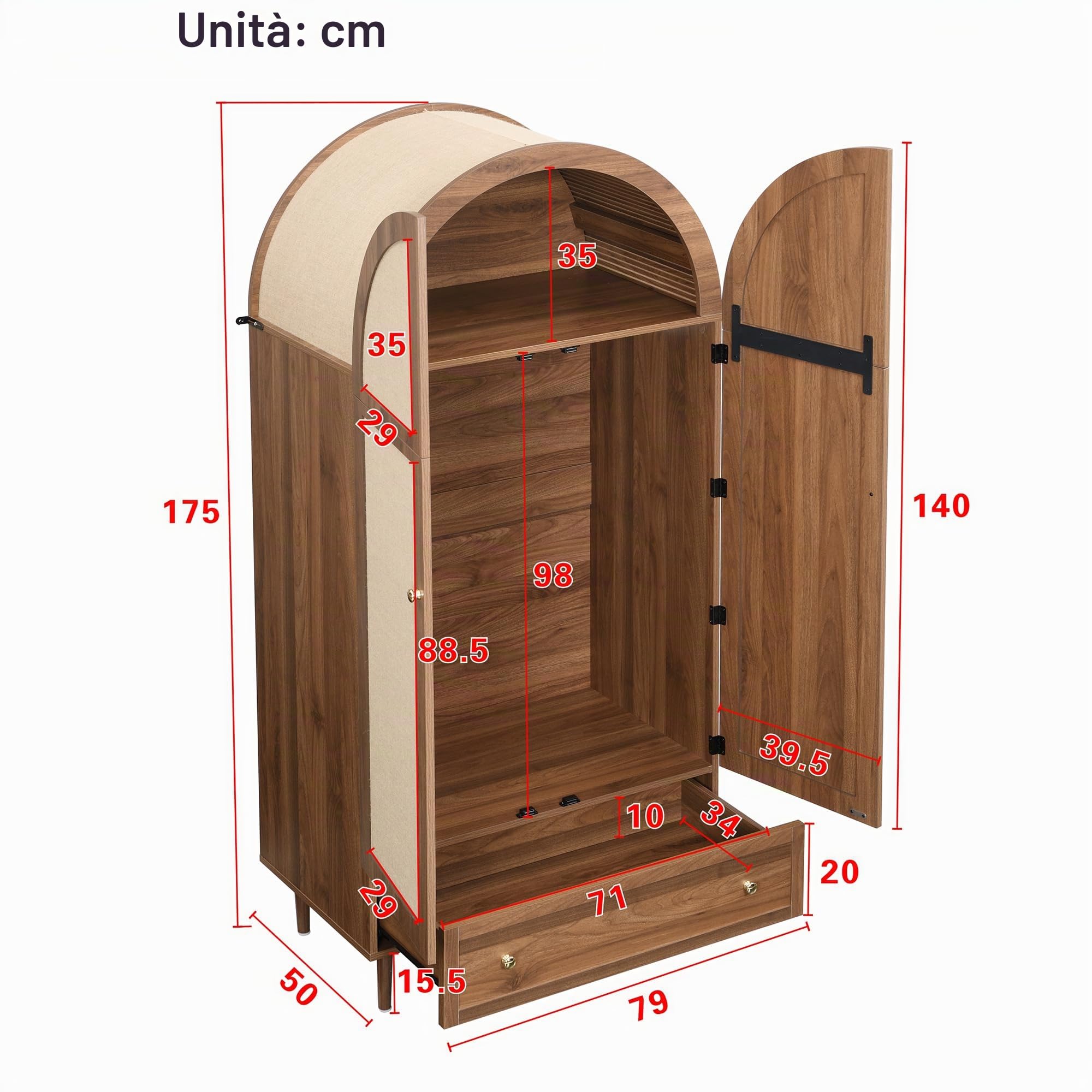 Elegante armadio con ante in tessuto e cassetti, piedini in legno robusti, pratico spazio di archiviazione per abbigliamento e accessori – ideale per camera da letto, camera degli ospiti o