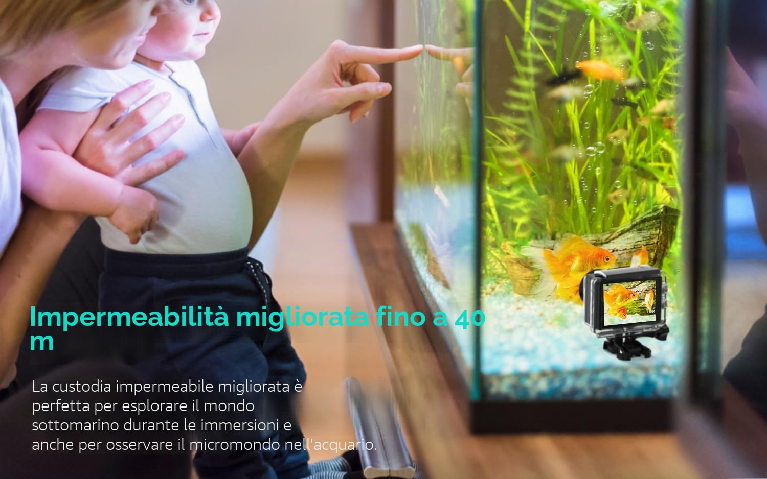 COOAU Action Cam 4K60 fps 64MP WiFi touch screen con microfono esterno, fotocamera subacquea 40 m Type-C EIS stabilizzazione 170° Action Camera 2 x 1350 mAh batterie/accessori