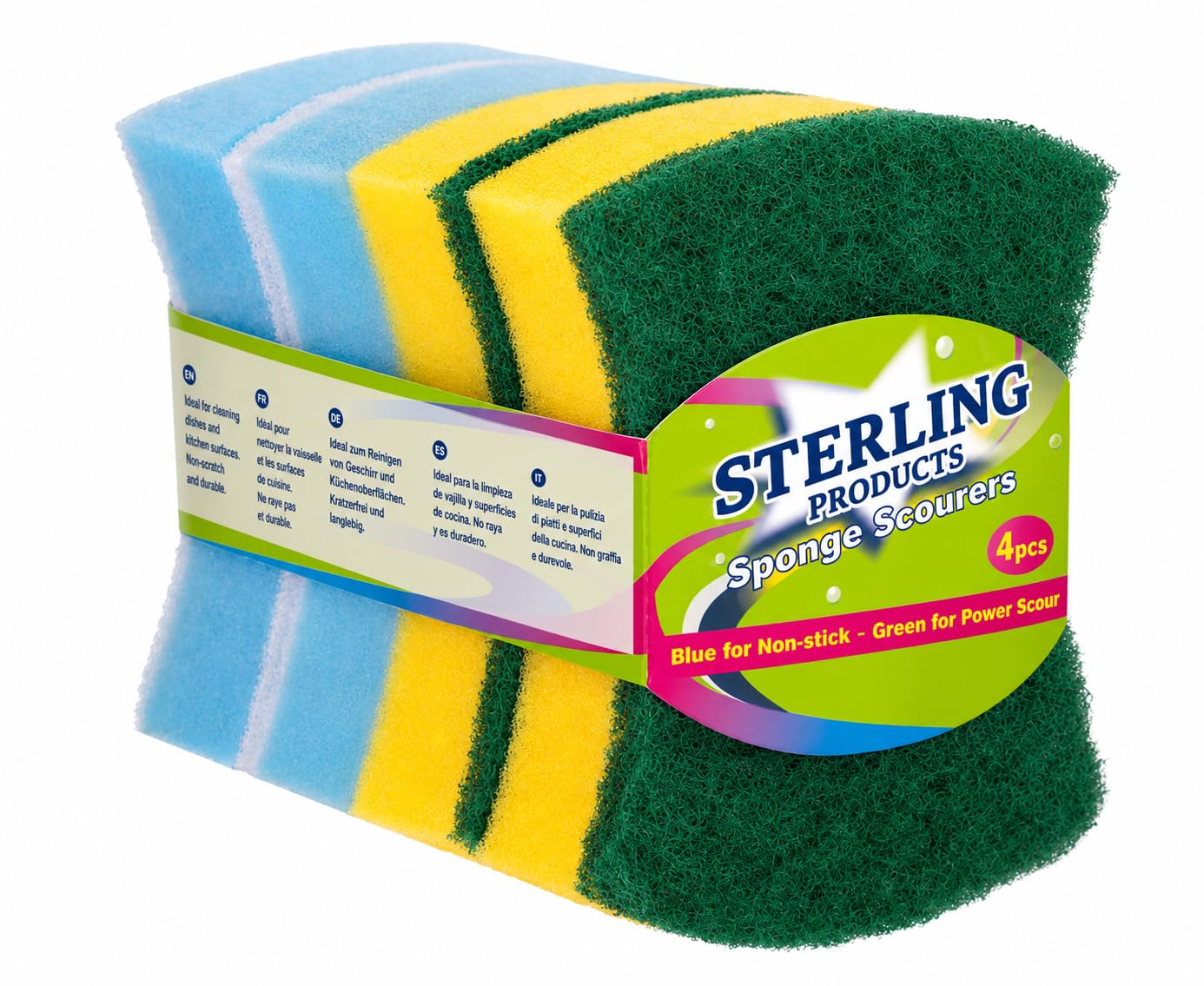STERLING PRODUCTS Butterfly Sponge Scourers 4 Pack – Ergonomic Grip Cleaning Sponges for Washing Up, Dishes, Pots & Pans