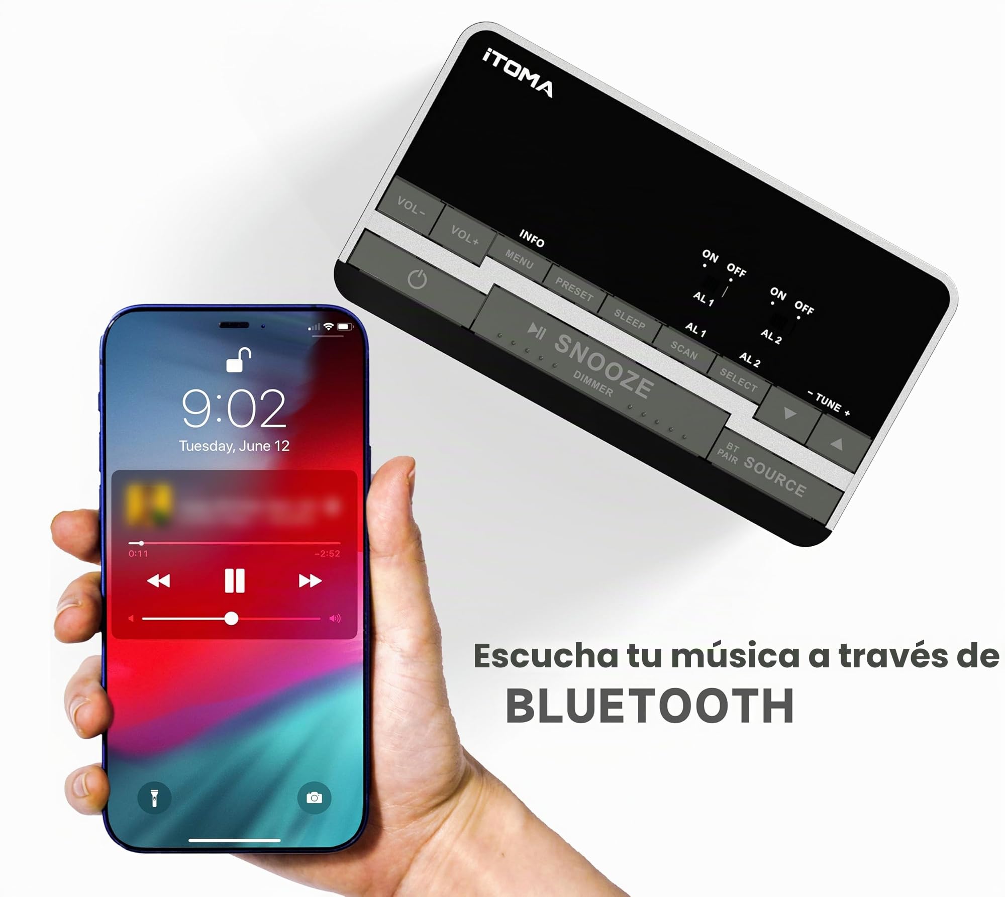 Despertador de Radio FM y Dab con Puerto de Carga USB, Altavoz estereofónico Bluetooth, Enchufe de Auriculares, Doble Alarma, Snooze, Pantalla LCD Ajustable itoma 3501