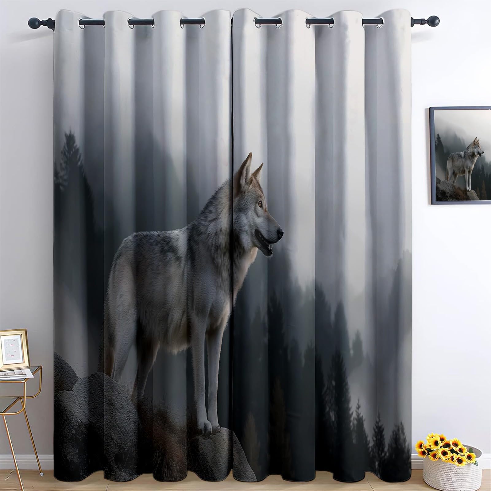 Générique Zasłony izolowane termicznie, 140 L x 260 H cm, zestaw 2 zasłon z motywem wilka, z przelotkami, do sypialni i salonu, jasnoszare