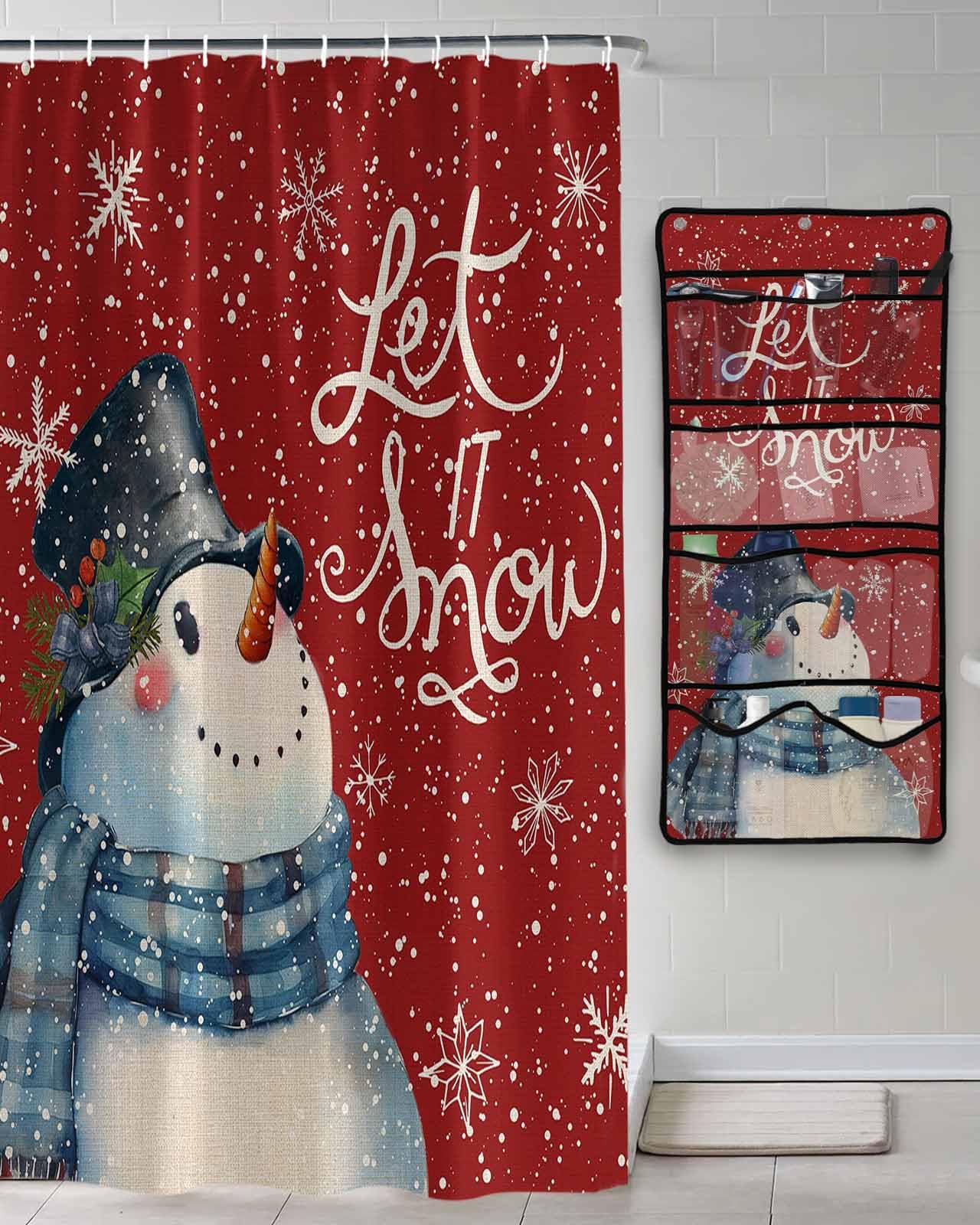 Shower Curtain Mesh Shower Organizer Hanging Set Let it Snow Christmas Snowman Snowflake Red Waterproof Shower Curtains with