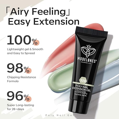 Miniatura 7 de Modelones Juego de 6 colores de gel de uñas de polietileno, 2023 Spring Sunny - Kit de tubos de colores de gel de extensión de uñas con purpurina