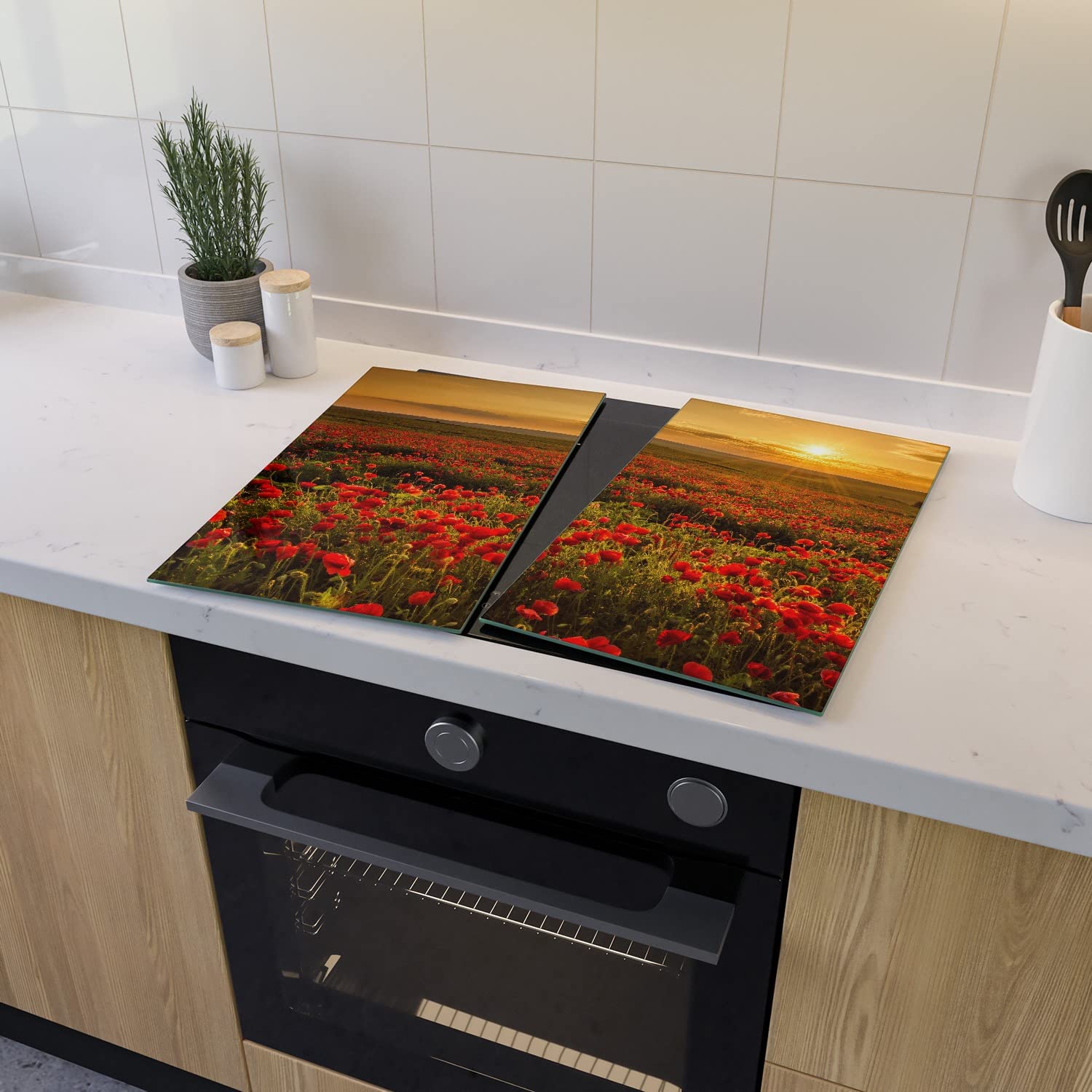 Wallario Herdabdeckplatte aus Glas, 2-teilig, 60x52cm, für Ceran- und Induktionsherde - Motiv: Mohnblumenwiese bei Sonnenuntergang am Abend