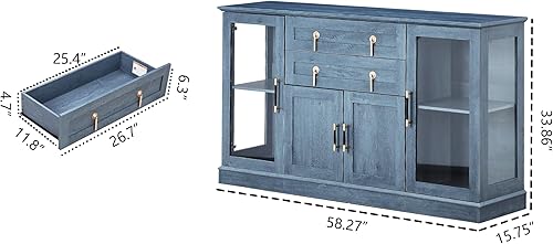 Miniatura 2 de Armario de buffet moderno de 58.2 pulgadas con almacenamiento, armario de café con 2 puertas de cristal, aparador Credenza con dos cajones y