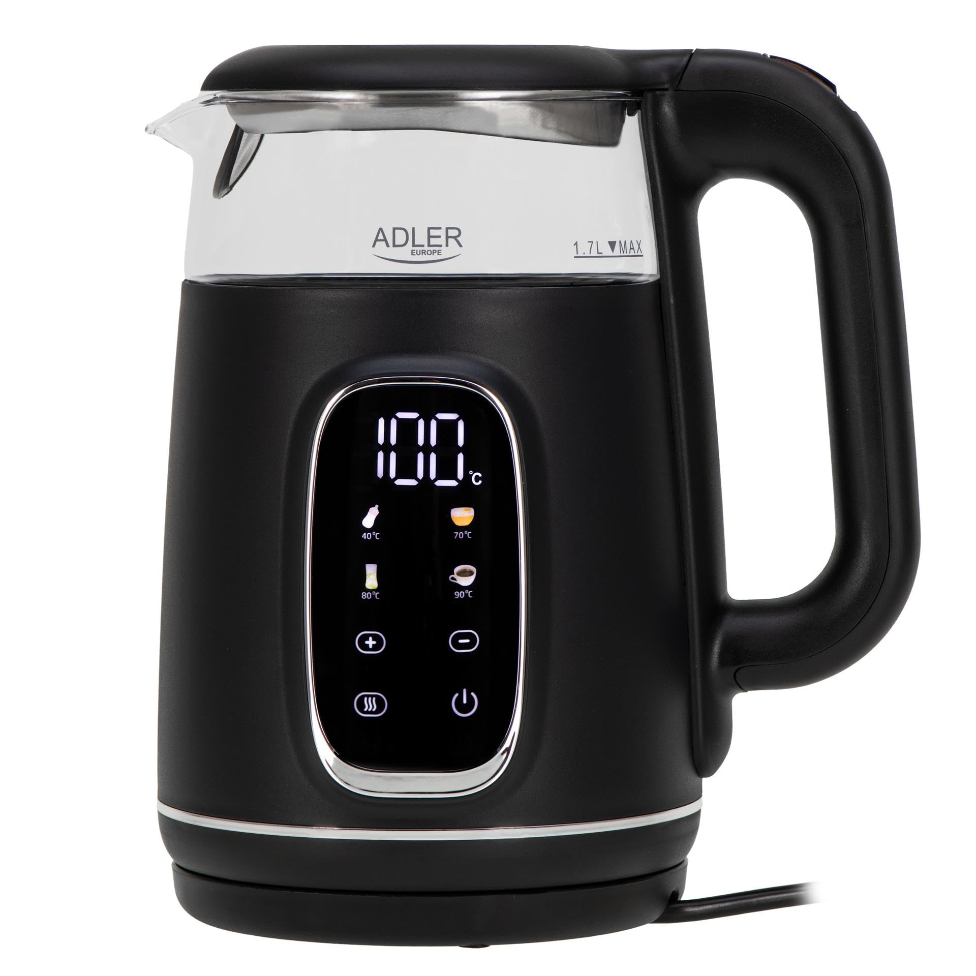 Hervidor eléctrico de vidrio Adler con control de temperatura – 1,7 L – Pantalla LED y control táctil – 5 programas de temperatura – Función de retención en caliente – 2200 W