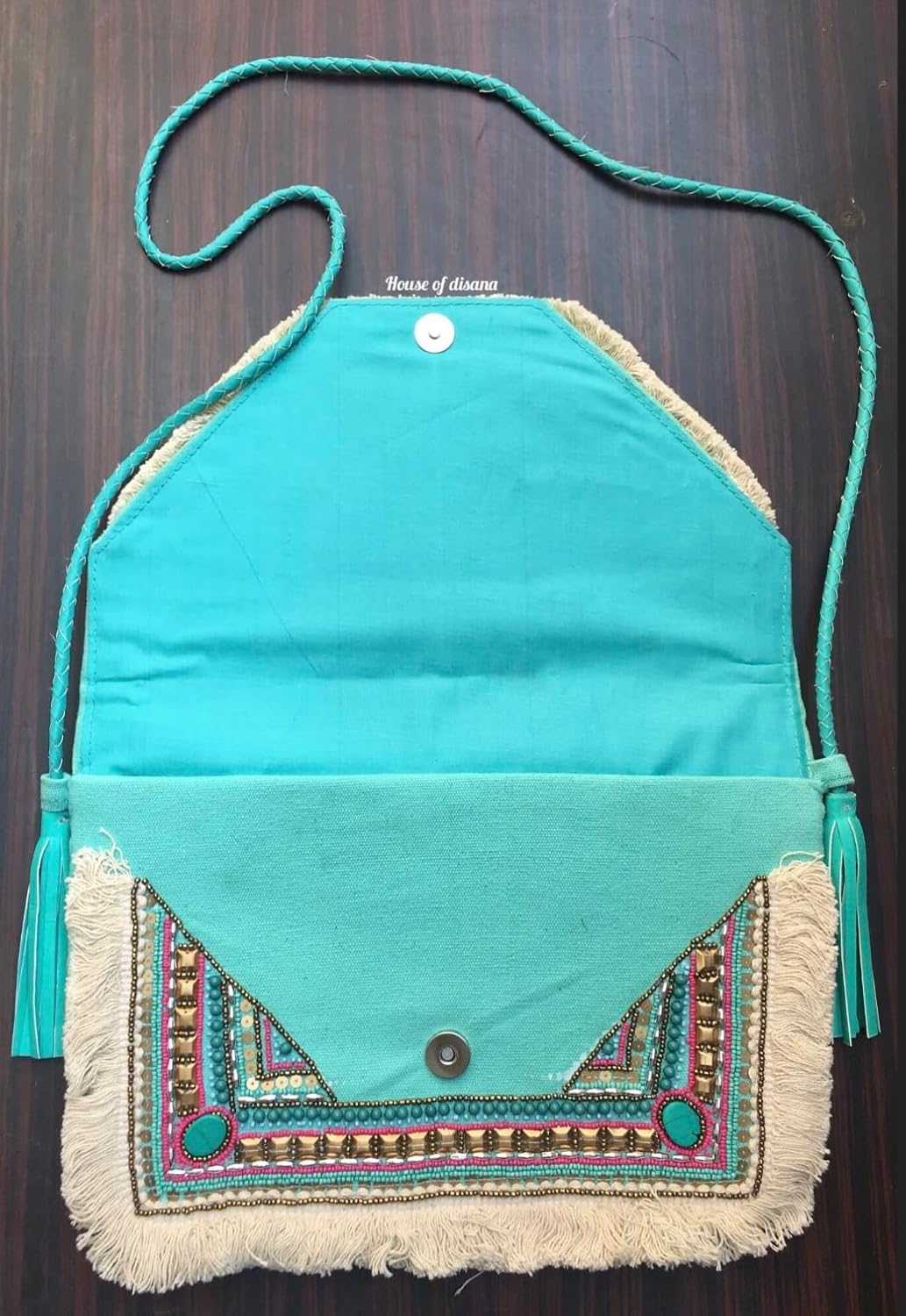 Banjara beaded Bohemian Bag India Embroidered Crossbody Bag Envelope Shoulder Bag Tote Handbags, Beach Bag for Vacation, Travel, Banquet Beach with chain (Turquoise) - Image 4