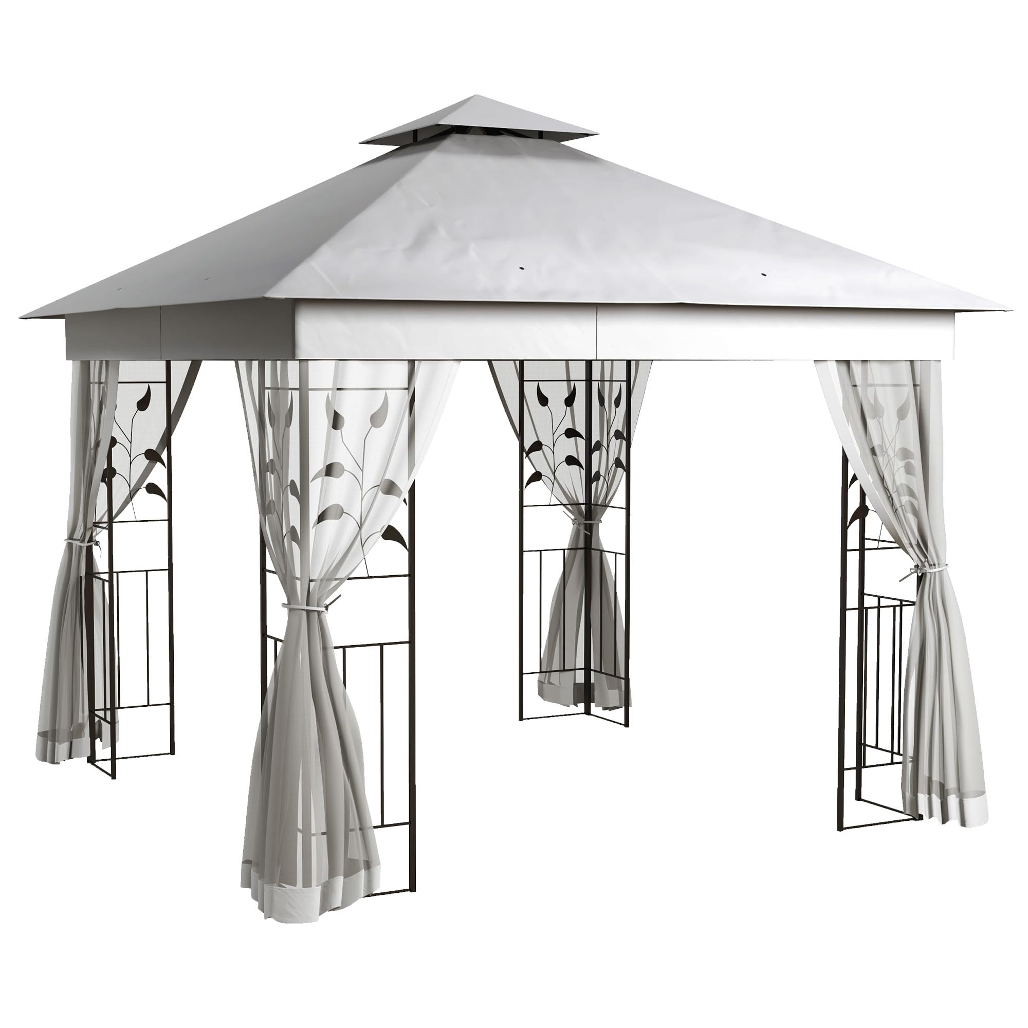 Outsunny Pavillon mit Doppeldach, 3x3 m Wasserabweisend Stabil Winterfest Gartenpavillon mit Moskitonetz, Garten Pavillon aus Stahl, Partyzelt für Garten, Terrasse, Hellgrau