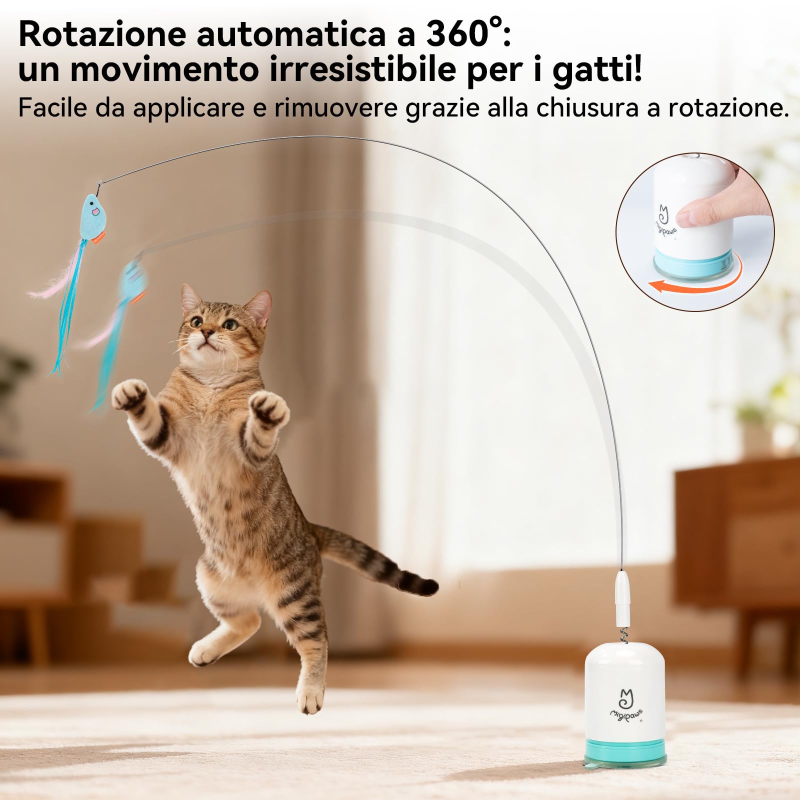 Migipaws Giocattolo interattivo per gatti con potente ventosa, filo flessibile da 70 cm e design pieghevole fai da te, giocattolo per l'esercizio fisico dei gatti con timer automatico，ricaricabile