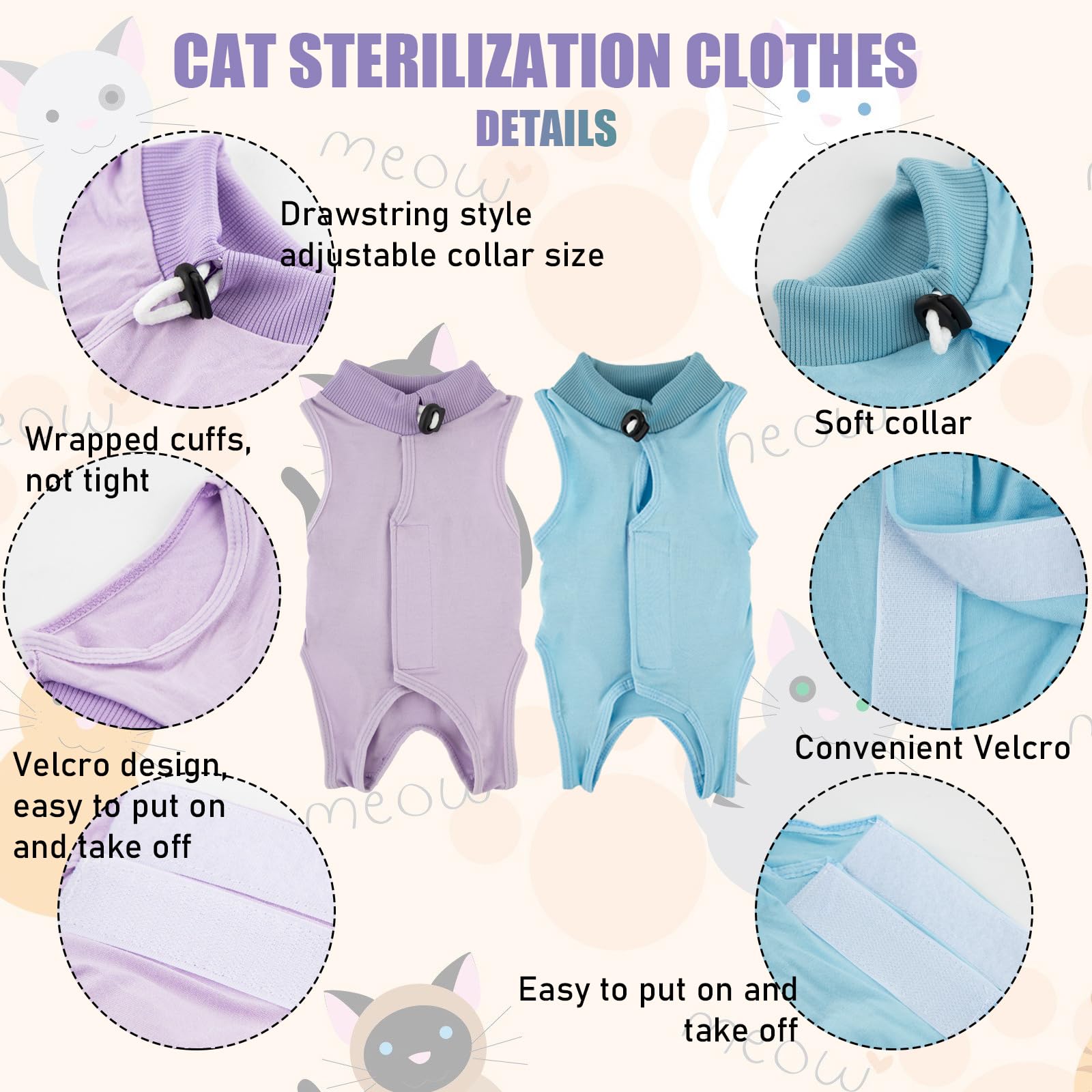 TYXHXTF 2Pcs Cat Recovery Suit, Cat Onesie, Pajama Suit, E-Collar Alternative for Cats After Surgery Wear (M) (Blue+Purple) - Image 4