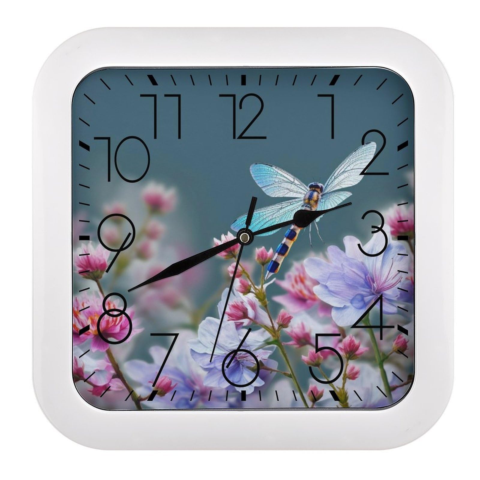 10 Inch Wall Clock Dragonfly and Flowers Battery Operated Wall Clocks Silent Non-Ticking Square Wall Clock for Living Room Kitchen Home Office Wall Decorative Clocks