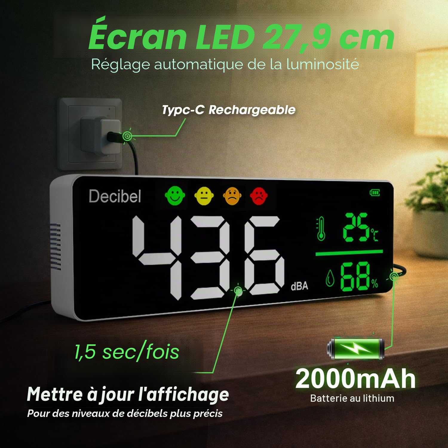 Sonomètre professionnel avec enregistrement de données, décibels de bruit numérique 30-130 dBA, moniteur de température et d'humidité, export de type C, fonction d'alarme pour lieu de travail