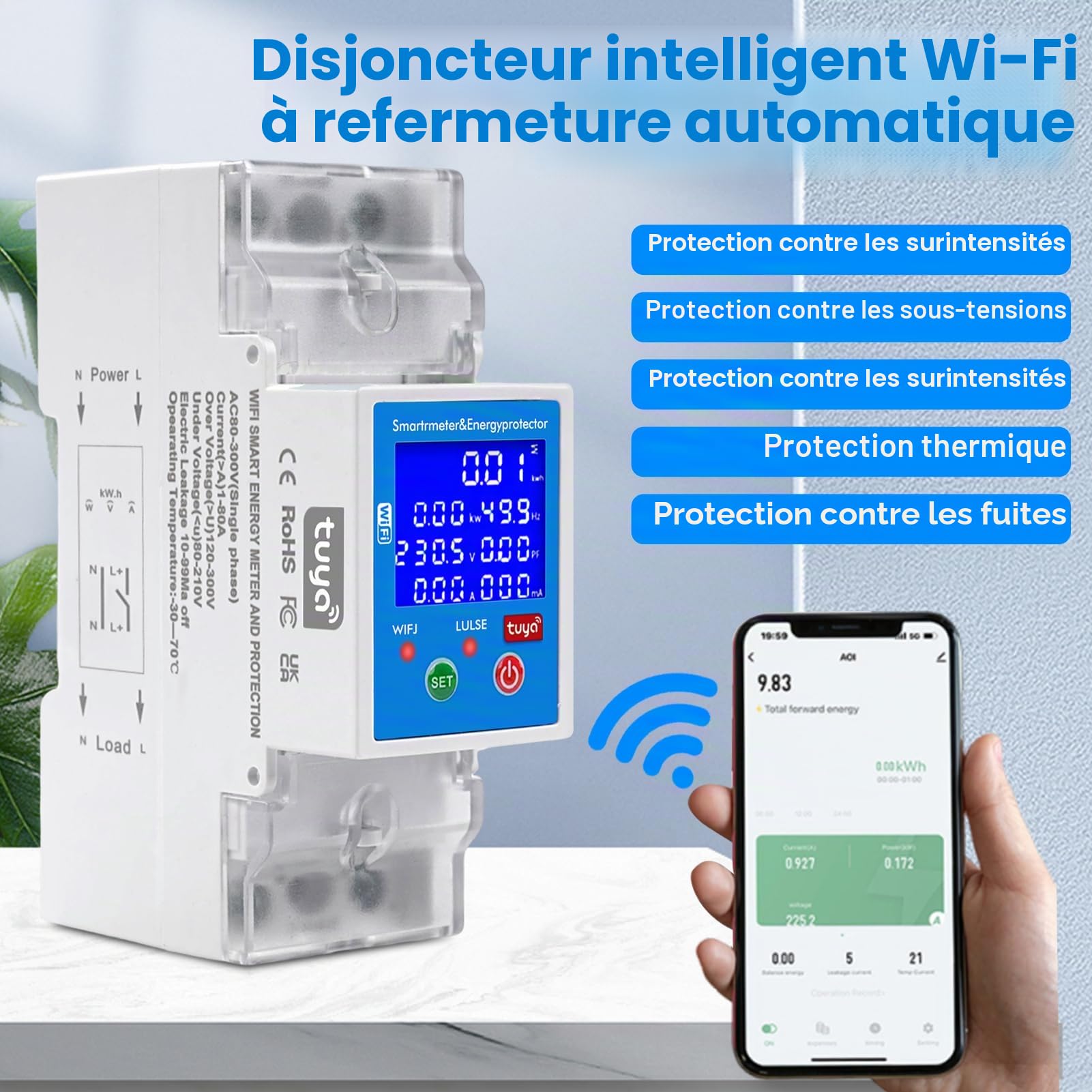 Compteur electrique tuya wifi 80A Contrôle vocal compteur électrique intelligent 2P 80-300VAC disjoncteur connecté compteur numérique Protection contre les surtensions et sous-tensions