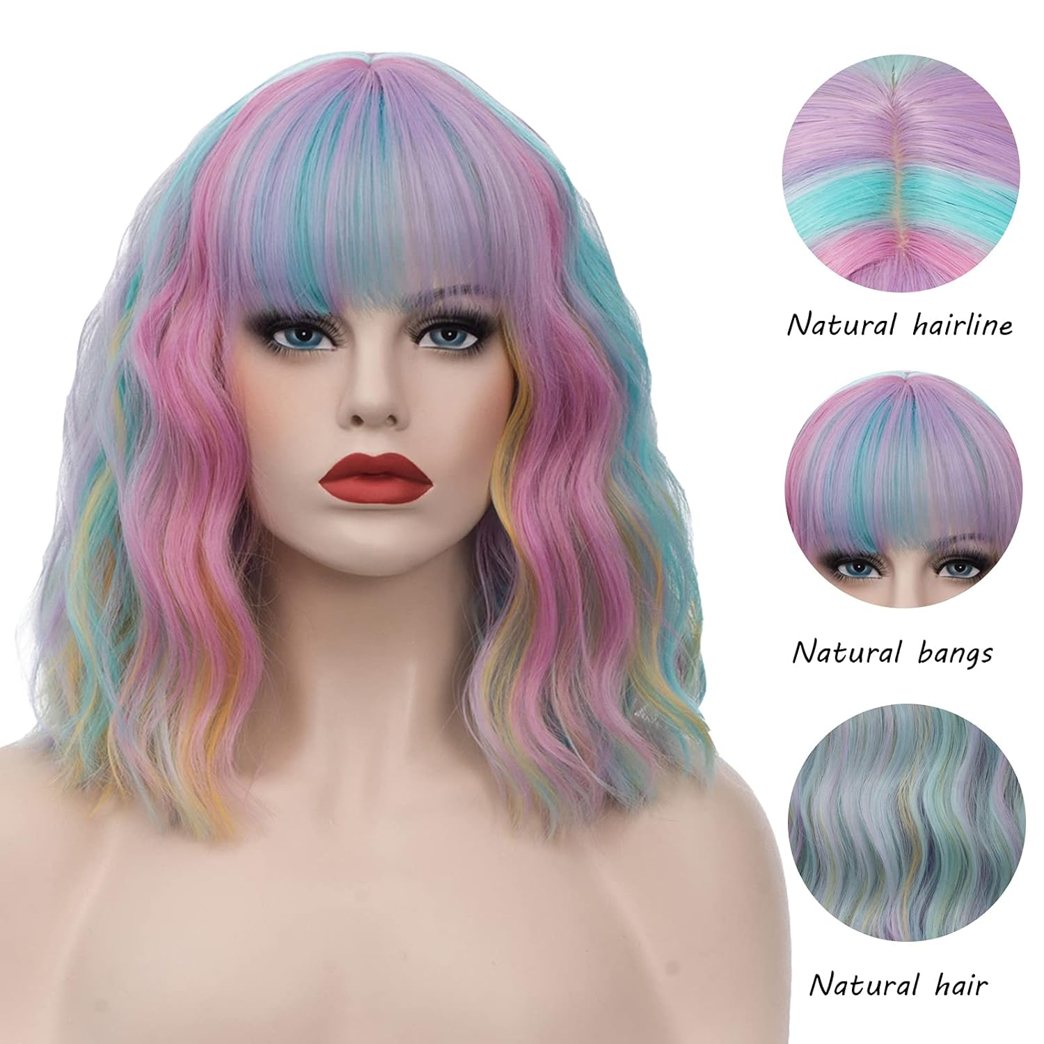 Women's Multi Color Rainbow Wig Short Curly Wavy Wig Shoulder Length Flat Bangs Wig For Women Girl Cosplay Party Halloween Wig Cap Included (Multi Color Rainbow) - Image 4