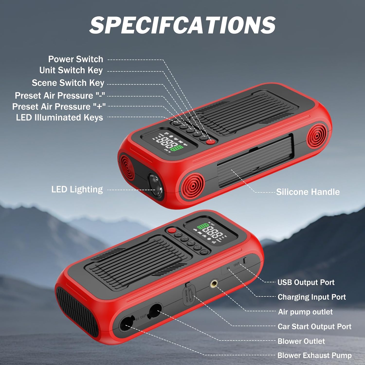 Tire Inflator Portable Air Compressor, 12V Car Jump Starter, 150PSI & 28000mAh Air Pump with Air Blower, Digital Pressure Gauge and LED Light, Electric Air Pump for Car, Motorcycle, Balls, Bike Pump - Image 8