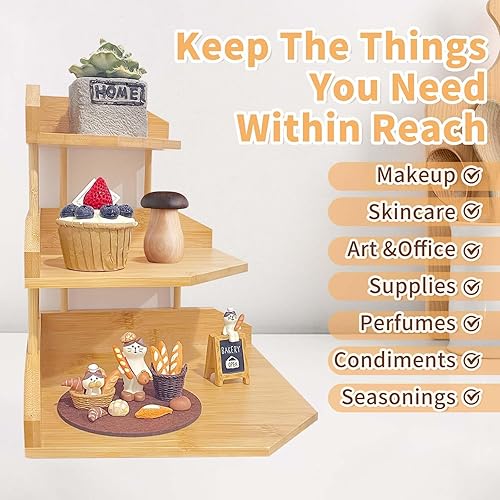Miniatura 7 de HYNAWIN Estante organizador de escritorio de esquina de bambú, estante de almacenamiento triangular de 3 niveles para oficina y hogar, estante