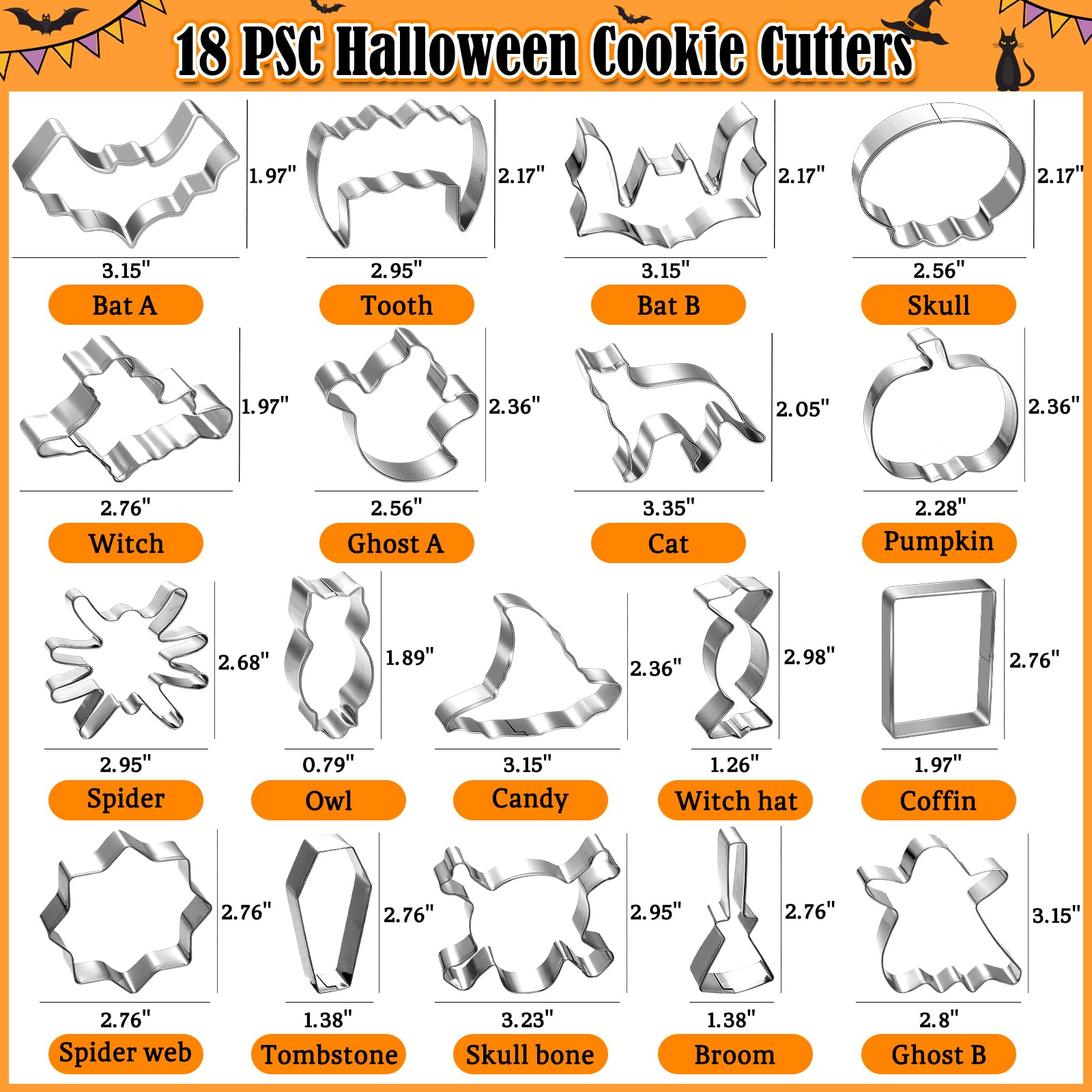 Keepaty Set di formine per biscotti di Halloween, 16 forme, fantasma, pipistrello, zucca, gatto, strega, ragno, teschio, pan di zenzero, ecc. per cuocere in acciaio inox taglia biscotti