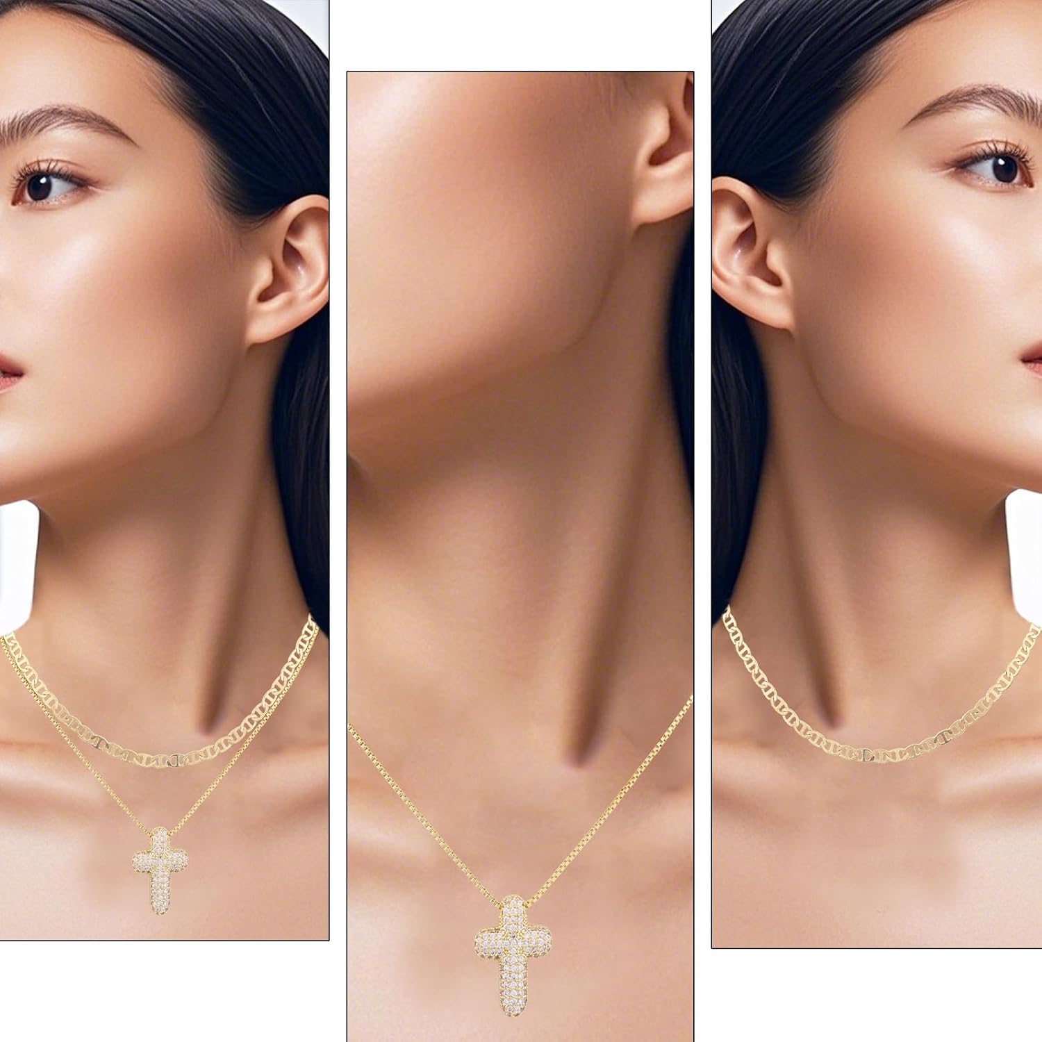 2pcs CZ Cross Pendant Necklaces, Stackable Dainty Gold Cross Necklace Trendy CZ Diamond Crucifix Charm Simple Jewelry Gift for Women - Image 5