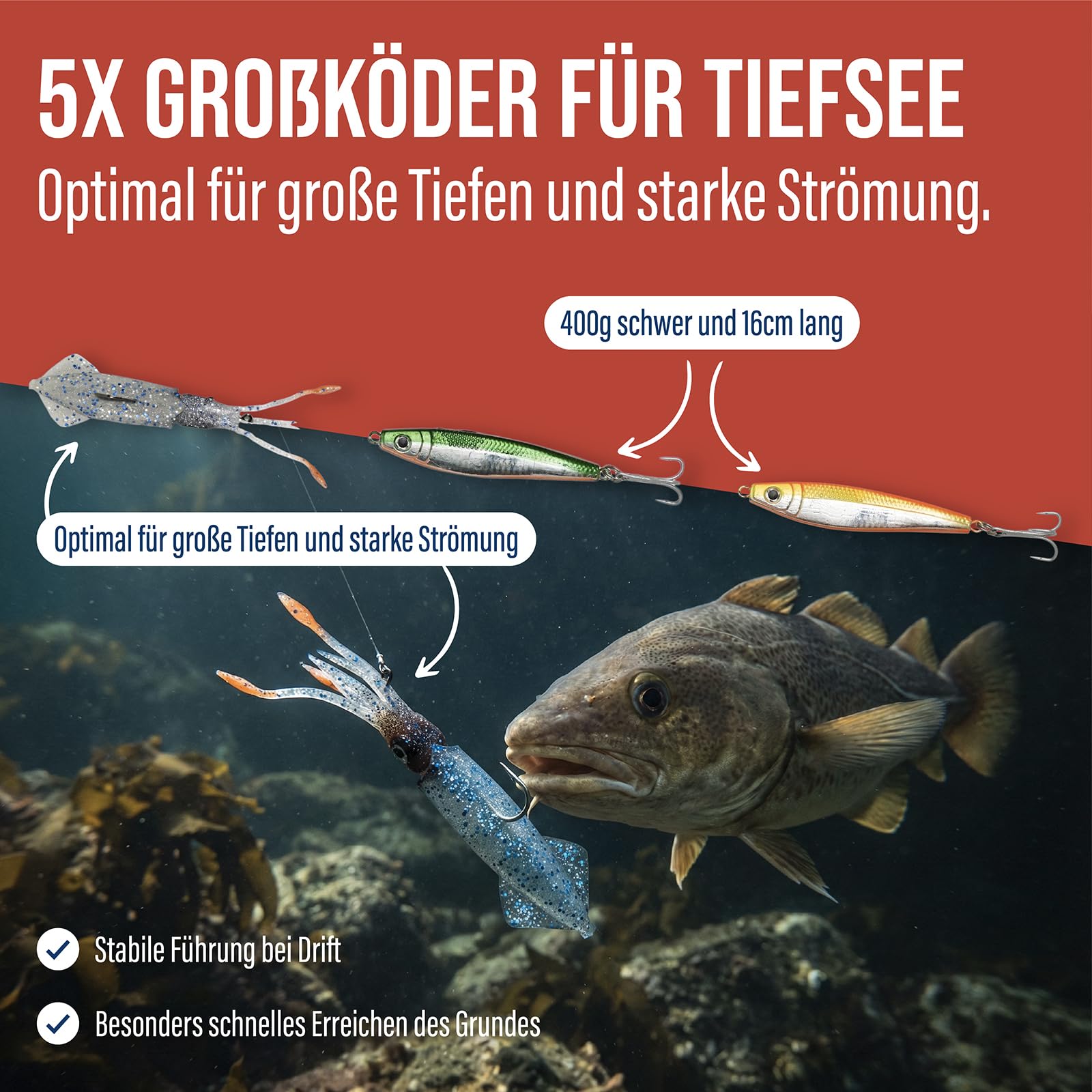 Angelzubehör-Set Norwegen – Komplett-Set für Meeresangeln | wasserdichte Tasche, Filetiermesser, Pilker, u. v. m. | Dorsch & Heilbutt | Angelset