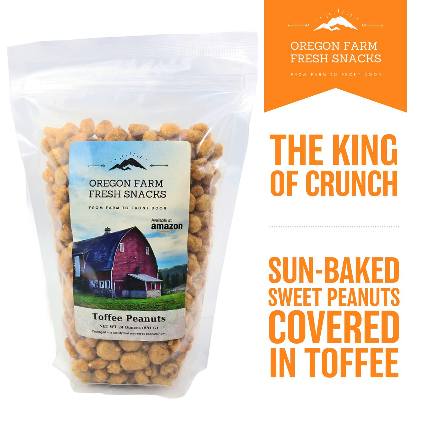 Oregon Farm Fresh Snacks Toffee Peanuts - Sun-Baked Sweet Covered in Toffee - Locally Made Butter Snack - All Natural Ingredients - Resealable Bag Guarantees Freshness (24oz) (Pack of 2)