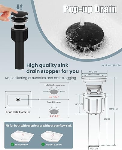 Miniatura 6 de Casavilla Juego de grifos de baño con desagüe emergente, grifo moderno de lavabo de baño negro de una sola manija con placa de cubierta (1 o 3