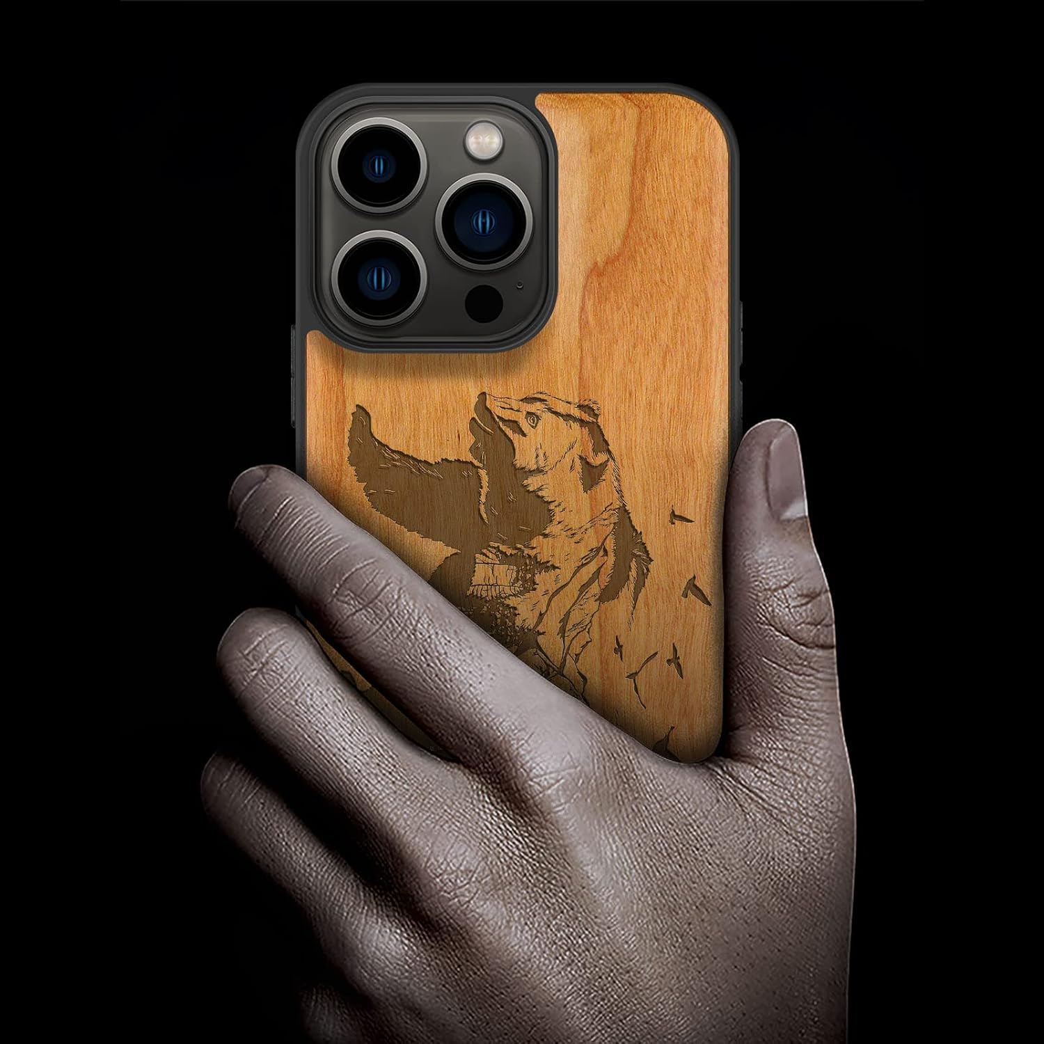 Carveit Magnetic Wood Case for iPhone 13 Pro Case [Natural Wood & Black Soft TPU] Unique & Classy Wooden Shockproof Protective Cover Compatible with magsafe (Bear -Cherry)