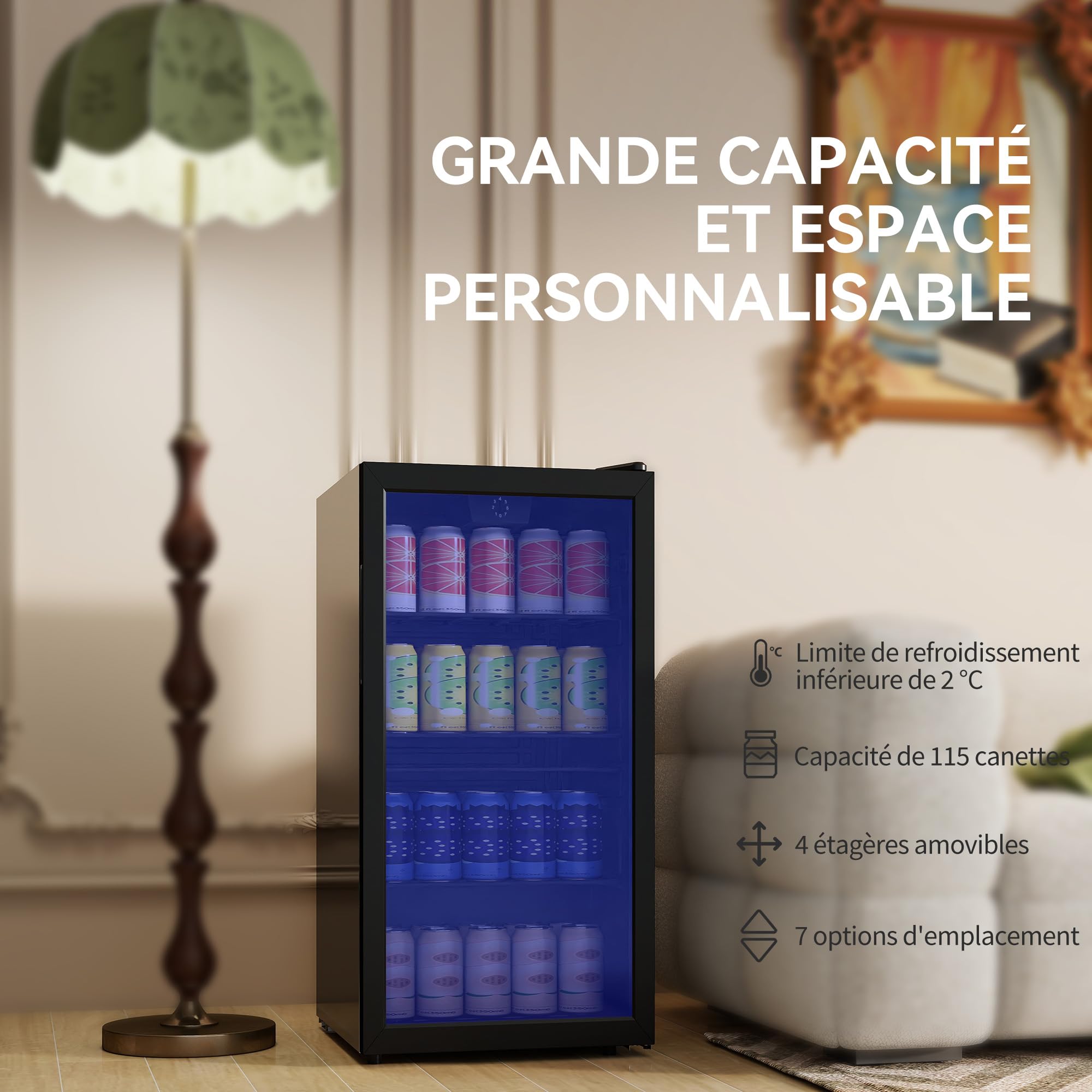 HOMCOM Réfrigérateur à Boissons 93 L, Frigo 115 Canettes, Porte Vitrée, Éclairage LED, Contrôle Température, Noir