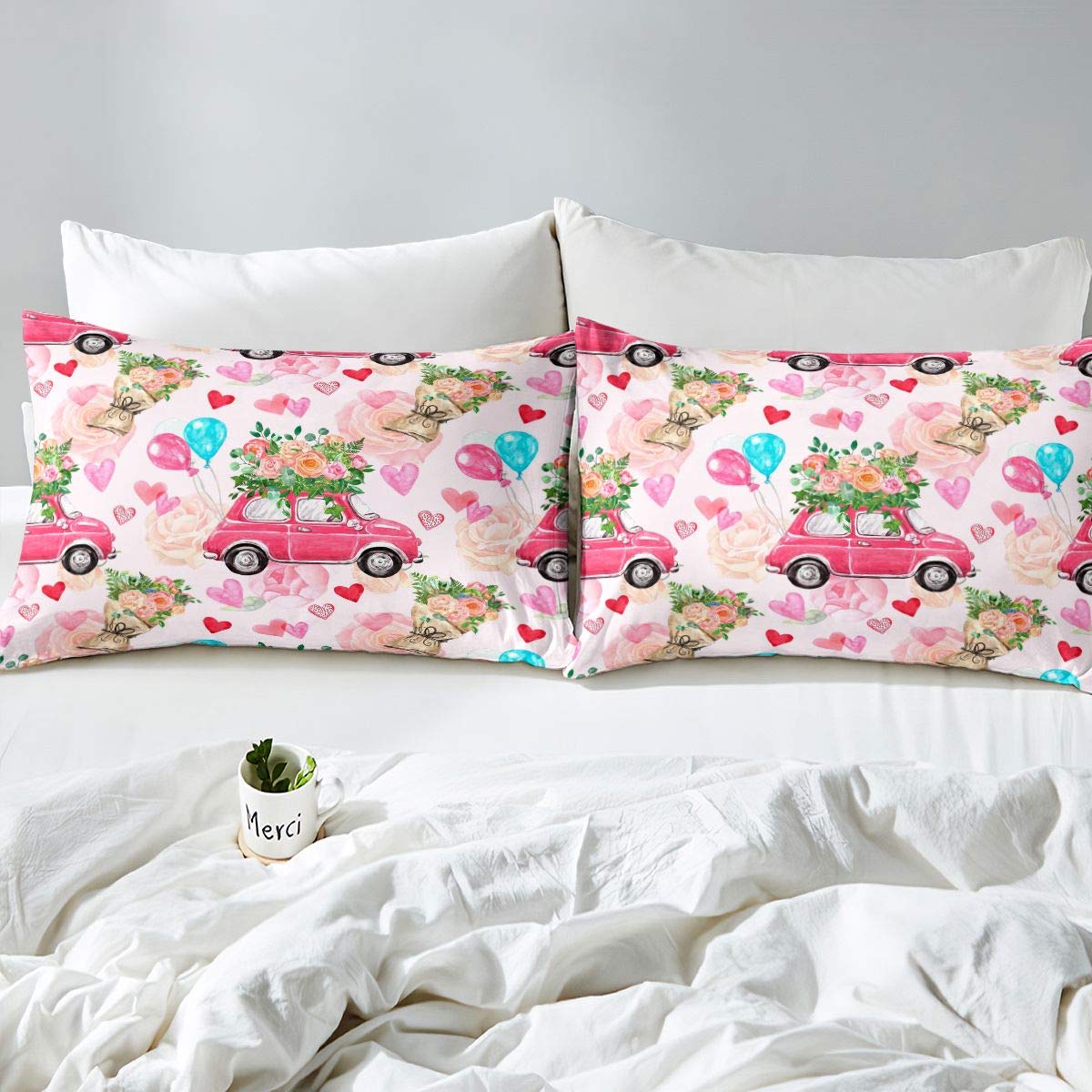 Juego de ropa de cama con diseño de rosas para niñas y niñas, con diseño de rosas y flores románticas para decoración de dormitorio con 2 fundas de almohada.