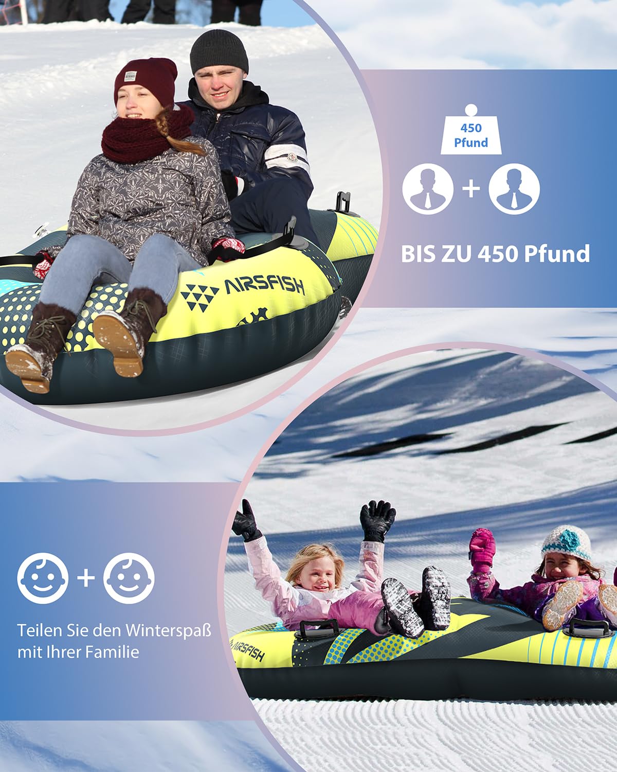 Aufblasbare Schneeschlauch mit Abschleppleine, strapazierfähige Abdeckung, verschleißfestes und frostsicheres Material, Wintersportschlittenrohre für Kinder und Erwachsene