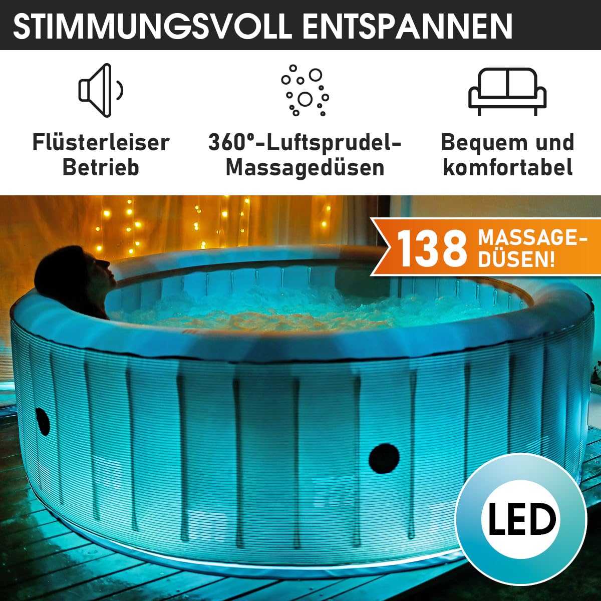 BRAST Whirlpool aufblasbar MSpa Starry mit LED Beleuchtung für 6 Personen Ø204x70cm In- Outdoor Pool 138 Massagedüsen Energiespar-Timer Heizung Bubble Wellness Massage