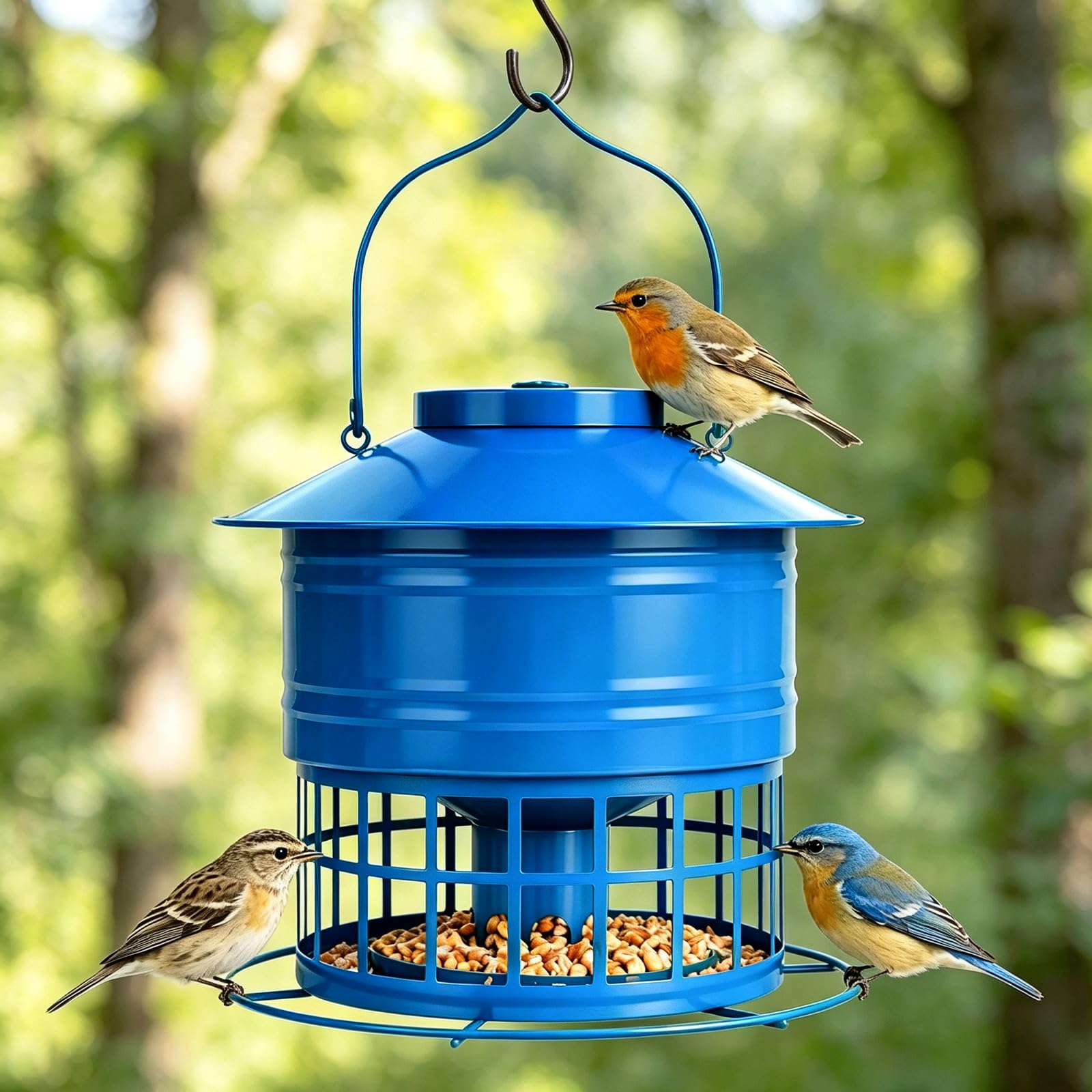 Vogelfutterstation für draußen, Eichhörnchensicher Vogelfutterspender für draußen, 4,5 kg, Metallkäfig-Futterstation für Wildvögel, mit 32 Futteröffnungen, hängende Vogelfutterstation für kleine Vögel