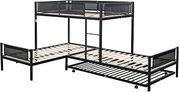 PVWIIK LShape Twin Quad Bunk Beds Frame, Metal Triple Bunk Bed w/Trundle