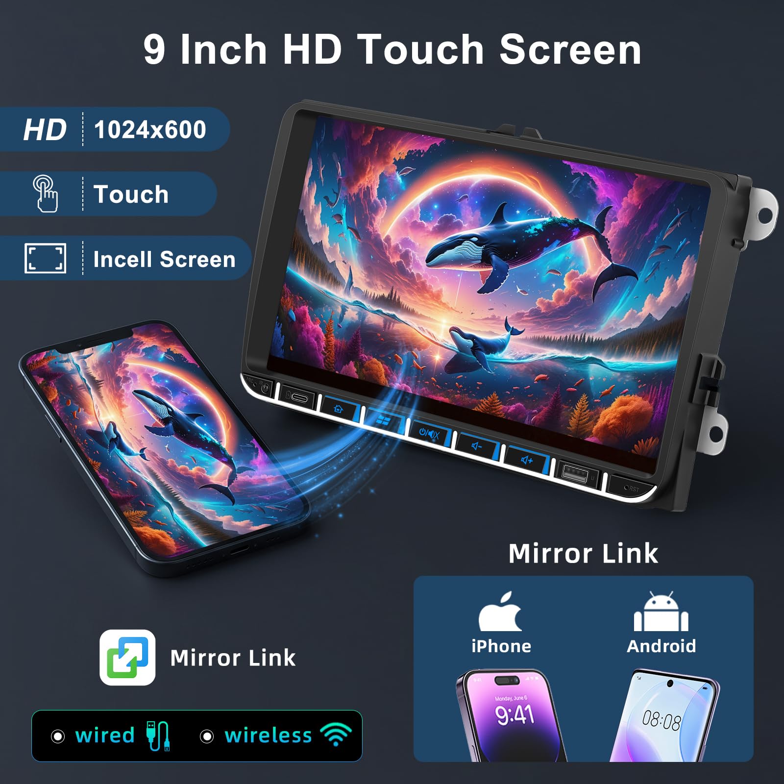 Bluetooth Autoradio mit Bildschirm für VW Polo Golf 5 6 Passat B6 Caddy Touran Tiguan, Auto Radio mit 9 Zoll Touch Display, Wireless CarPlay & Android Auto, FM/AM RDS, Mirror Link, Canbus, USB, Type-C