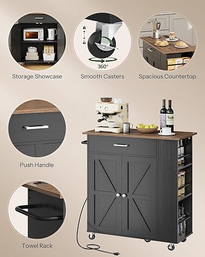 Miniatura 8 de Carrito de isla de cocina con almacenamiento, carrito de cocina con estación de carga, isla de cocina sobre ruedas, mesa móvil de isla de cocina con