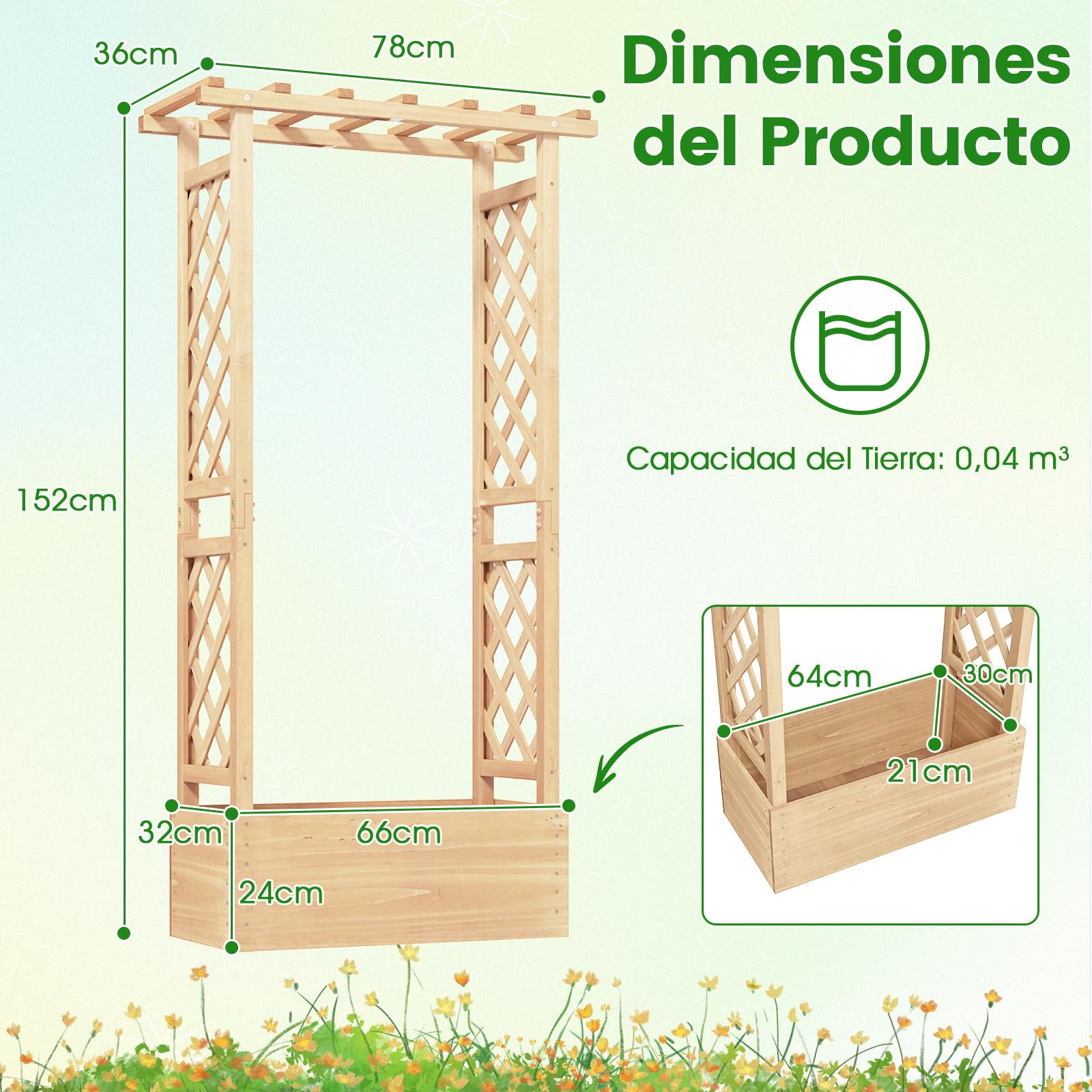 COSTWAY Cama de Jardín Elevada con Enrejado, Jardinera de Madera Independiente con Techo para Colgar, Agujeros de Drenaje para Plantas Trepadoras, Flores, Maceta de Plantación para Patio (Natural)