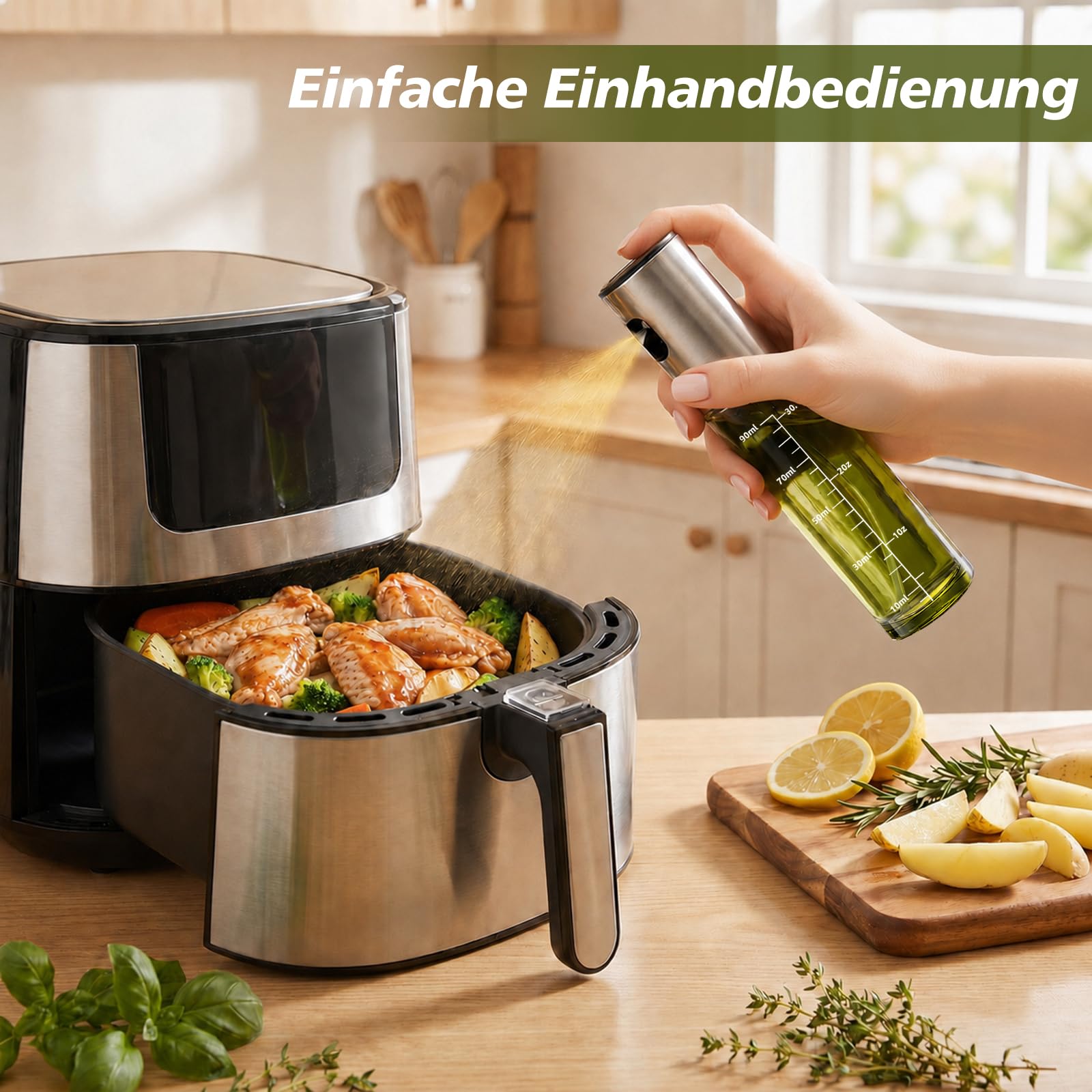 Sprühflasche Öl 2er Set, 2x100 ml Ölsprüher Glas aus UV-Schutzglas | Olivenöl Sprühflasche aus Glas für Speiseöl, feiner Sprühnebel, Ölspray Alternative für Heißluftfritteuse, Salat & Backen