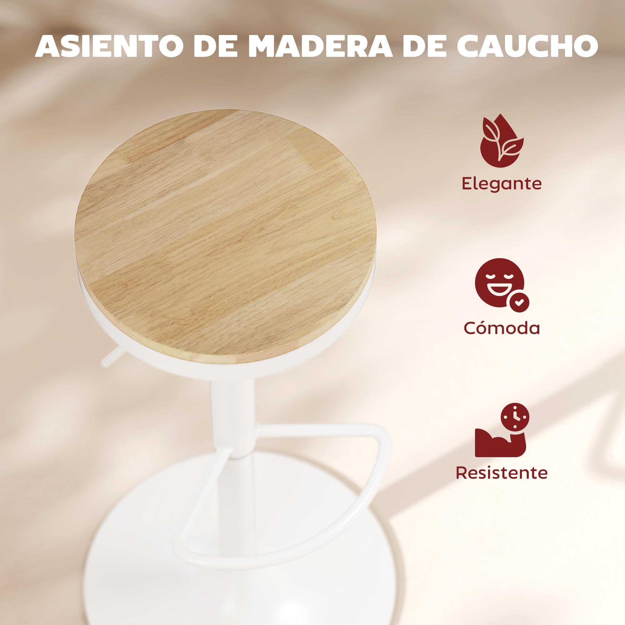 HOMCOM Juego de 2 Taburetes de Bar Giratorios Taburetes Altos de Cocina con Altura Ajustable 60-80 cm Asiento de Madera Marco de Acero y Reposapiés para Comedor Mostrador Natural y Blanco