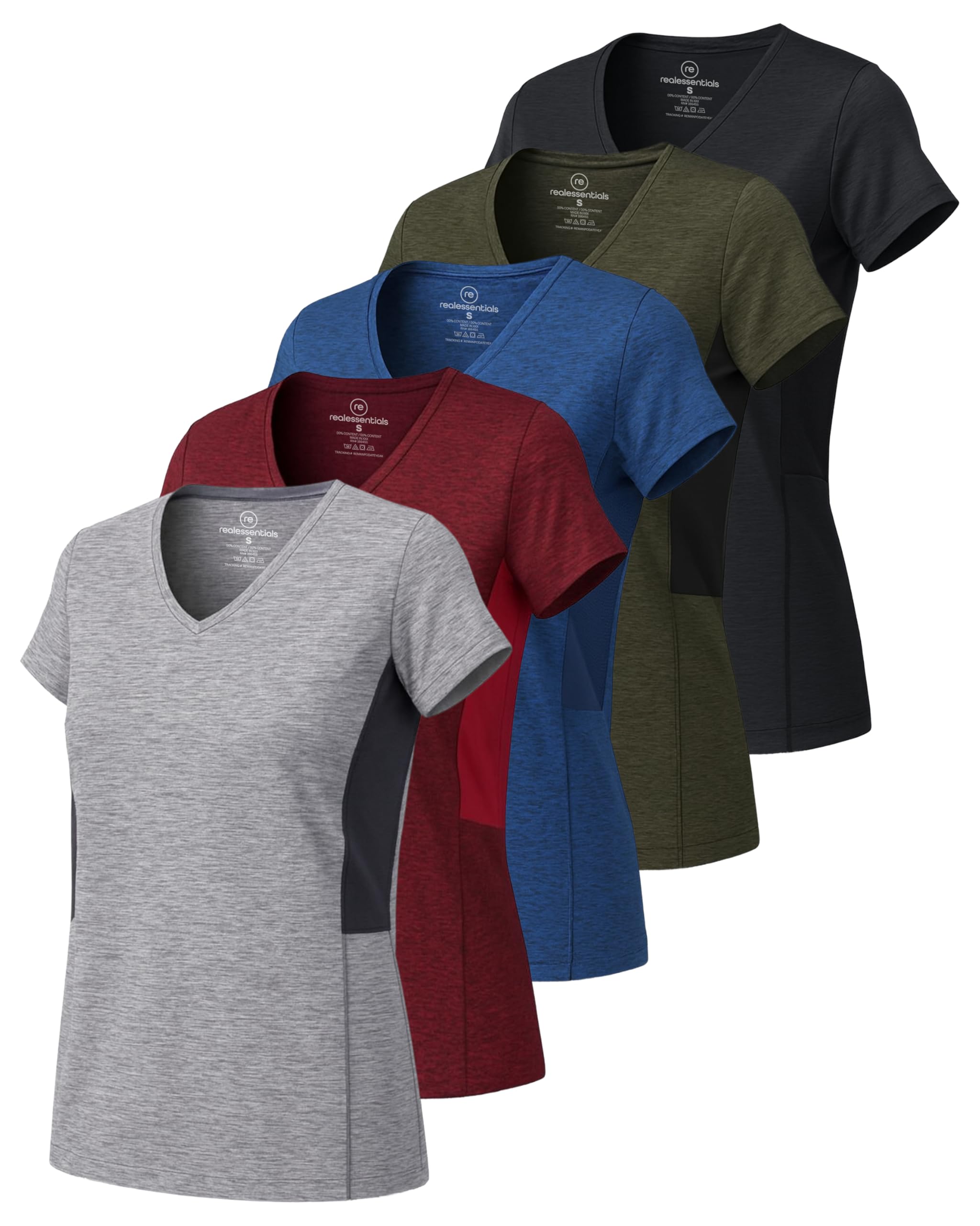 Real Essentials 5 Pack: Women's Dry Fit Short Sleeve V Neck Workout Top - Fitness Gym Athletic Yoga T-Shirt (Plus Available)