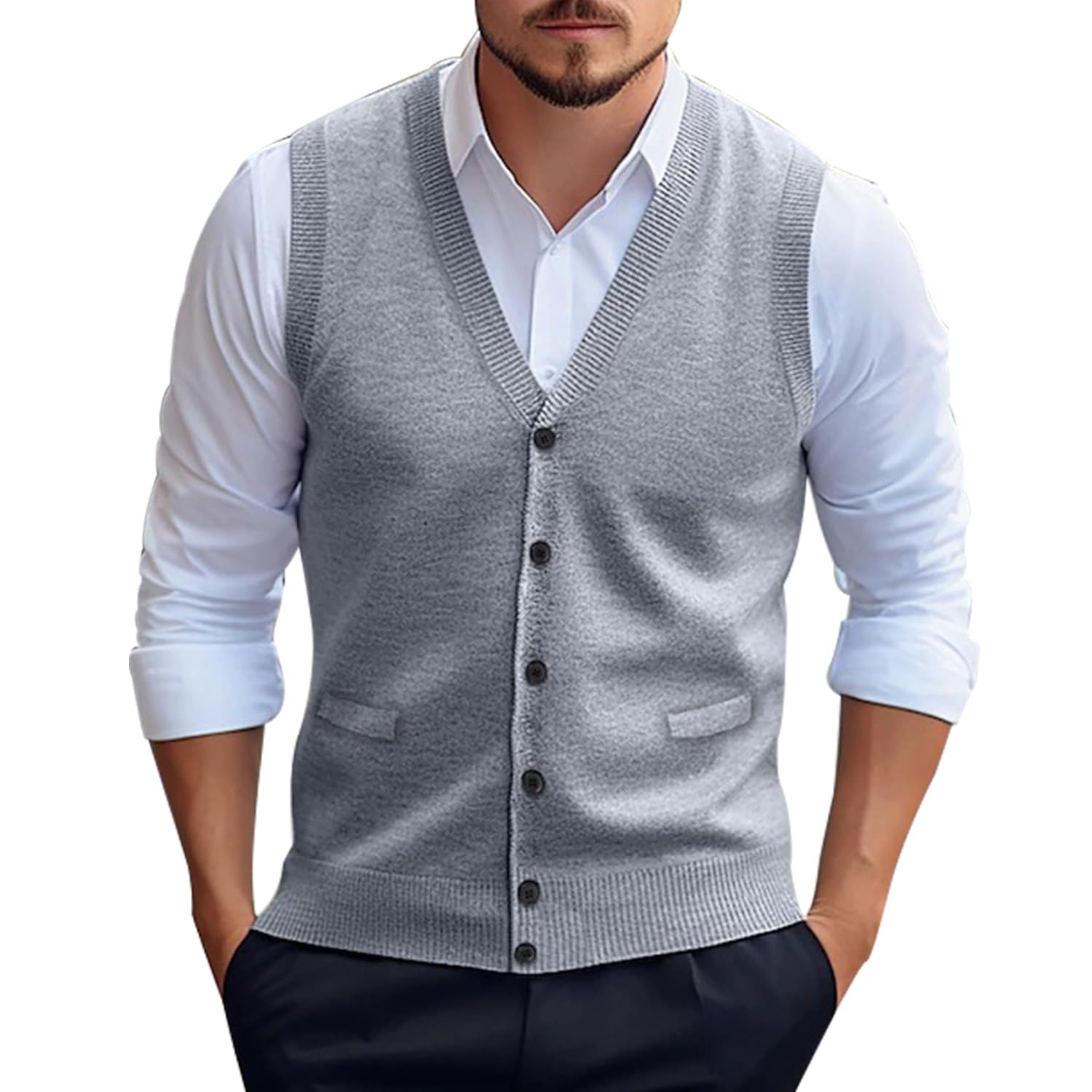 Pull sans Manches Homme col en V, Gilet Tricoté en Laine